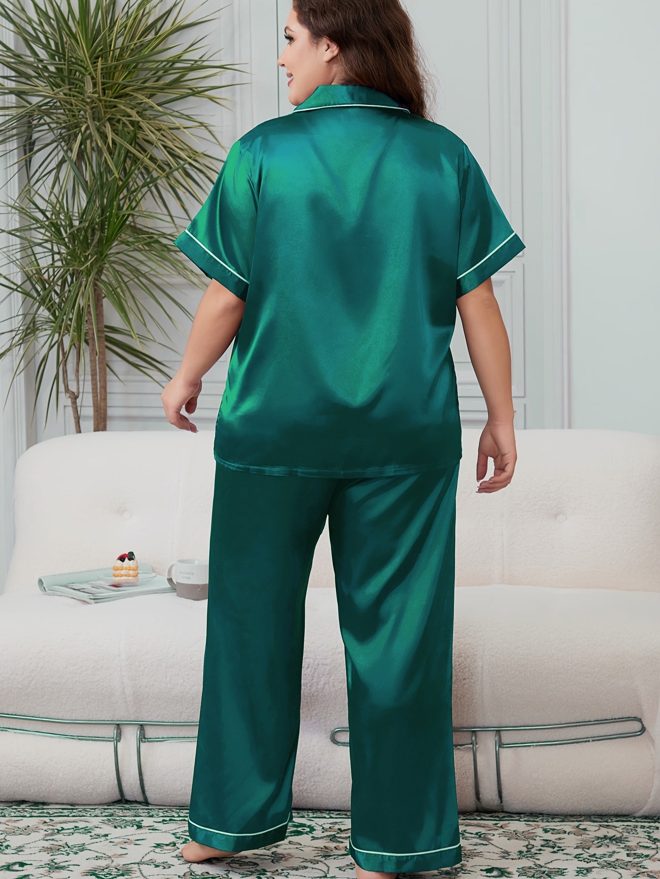 Plus Size Elegant Pajamas Set, Women's Contrast Binding Short Sleeve Button Up Lapel Collar Shirt & Pants Two Piece Lounge Set