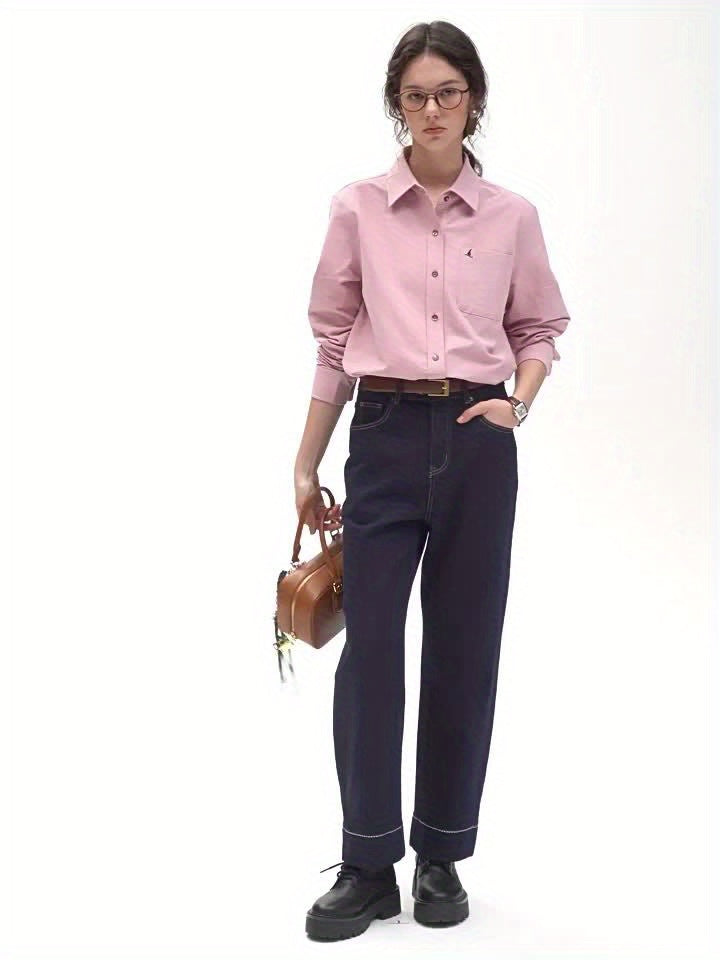 Women's Elegant Minimalist Blouse - Long Sleeve Button-Front Shirt with Classic Collar