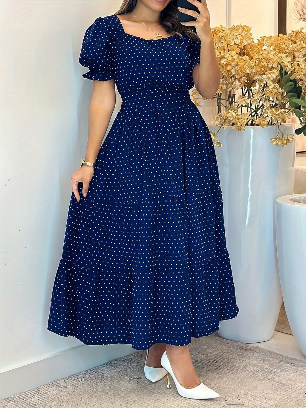 Women's Puff Sleeve A-Line Dress with Adjustable Waist Belt - Square Neck Casual Vacation Dress for Spring/Summer