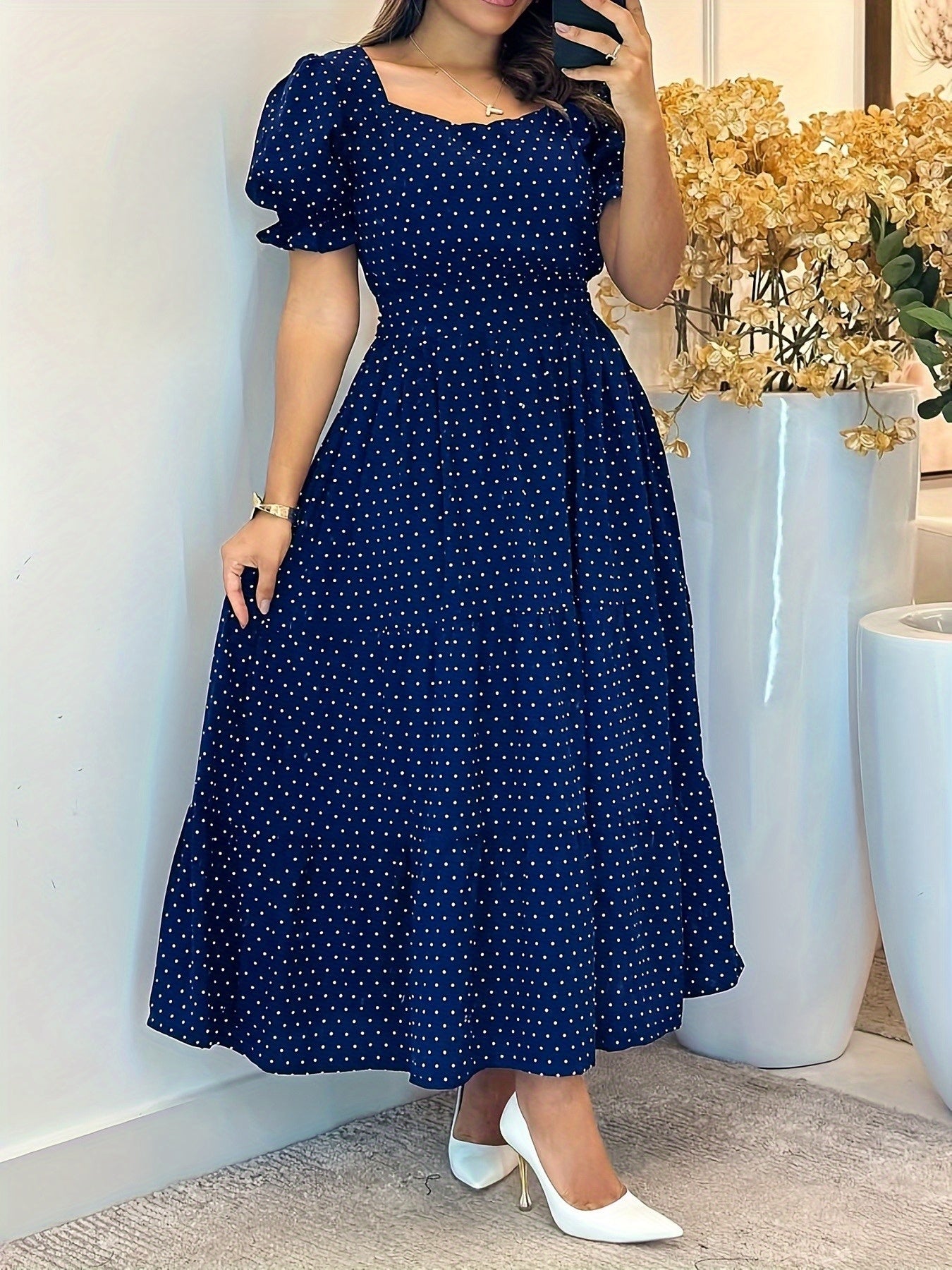 Women's Puff Sleeve A-Line Dress with Adjustable Waist Belt - Square Neck Casual Vacation Dress for Spring/Summer