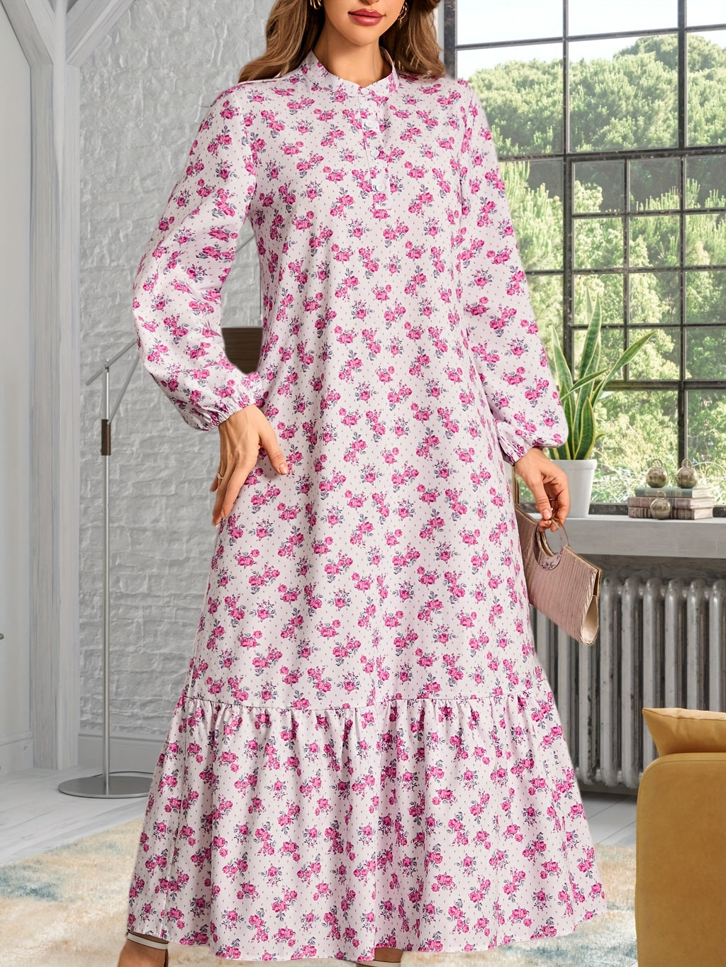 Women's Casual Long Sleeve Floral Print Maxi Dress