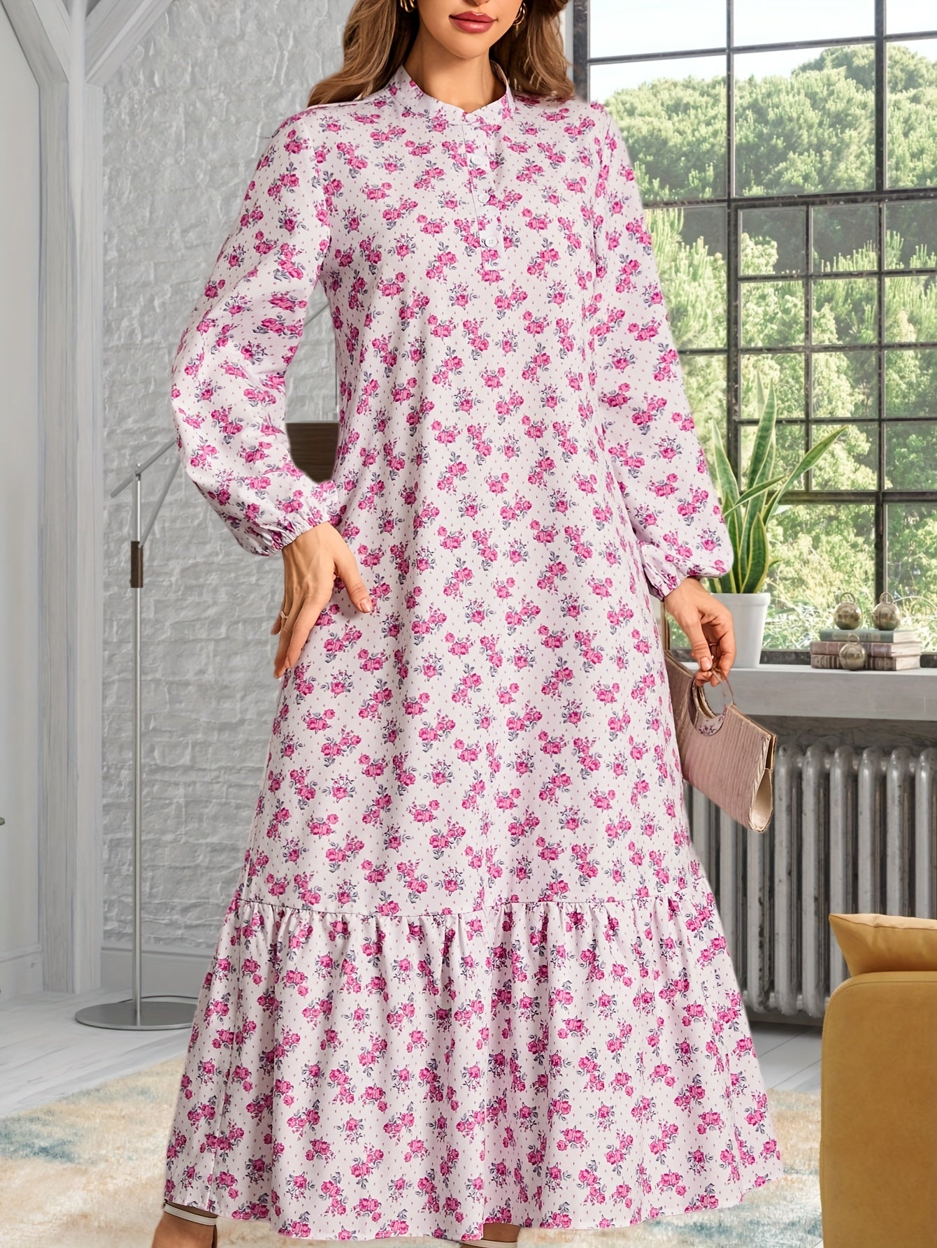 Women's Casual Long Sleeve Floral Print Maxi Dress