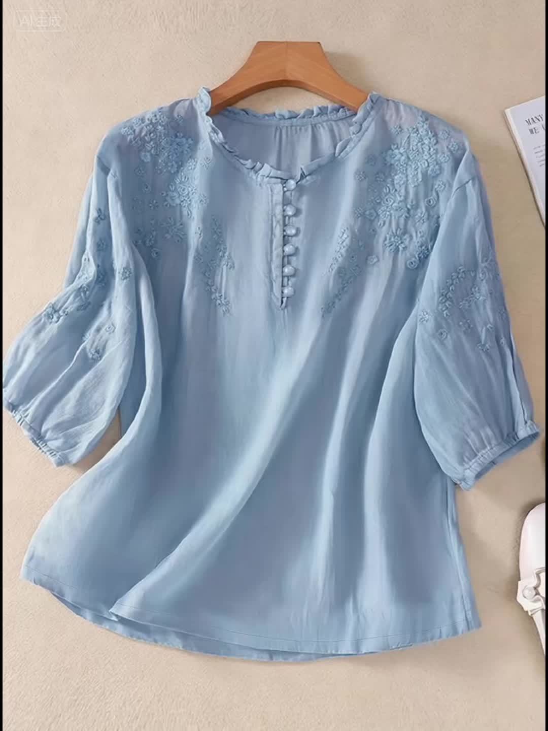Women's Spring/Summer Embroidered Loose Fit Retro Mid-Sleeve Blouse
