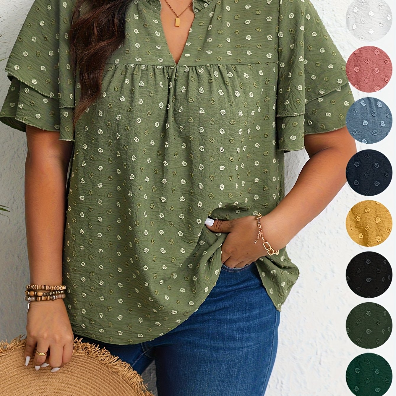 Plus Size Women's Casual V-Neck Blouse with Ruffled Short Sleeves