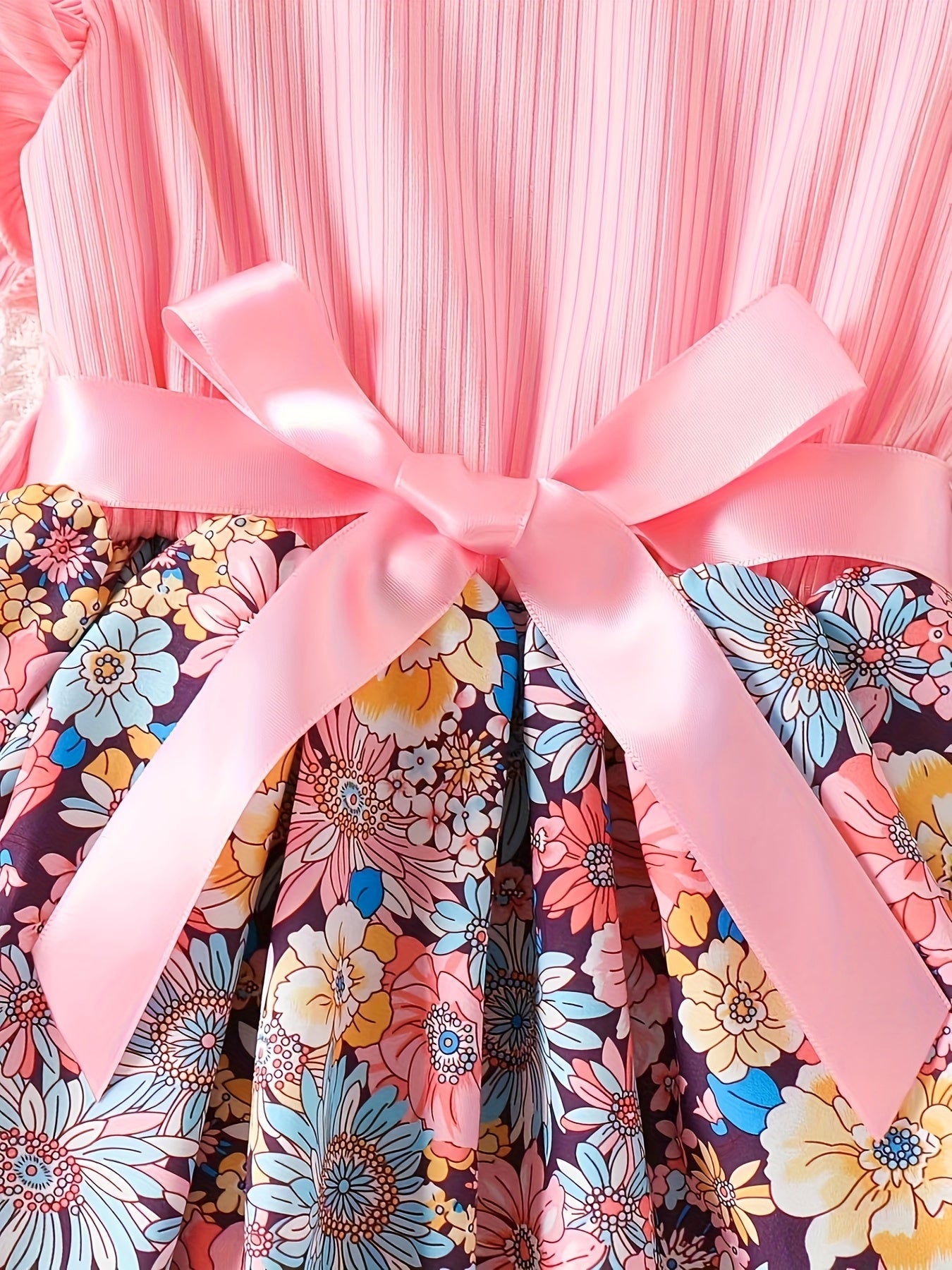 Girls' Floral Print Ruffled Sleeve Dress with Ribbon Belt