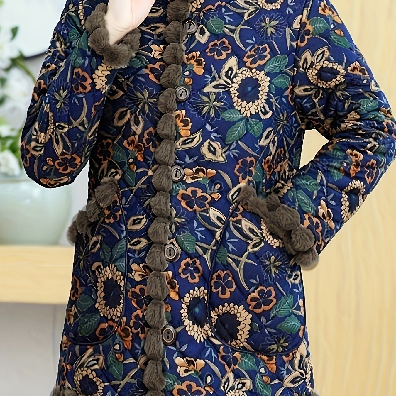 Women's Vintage Floral Print Thick Winter Coat - Elegant Brown & Blue Floral Jacket with Stand Collar