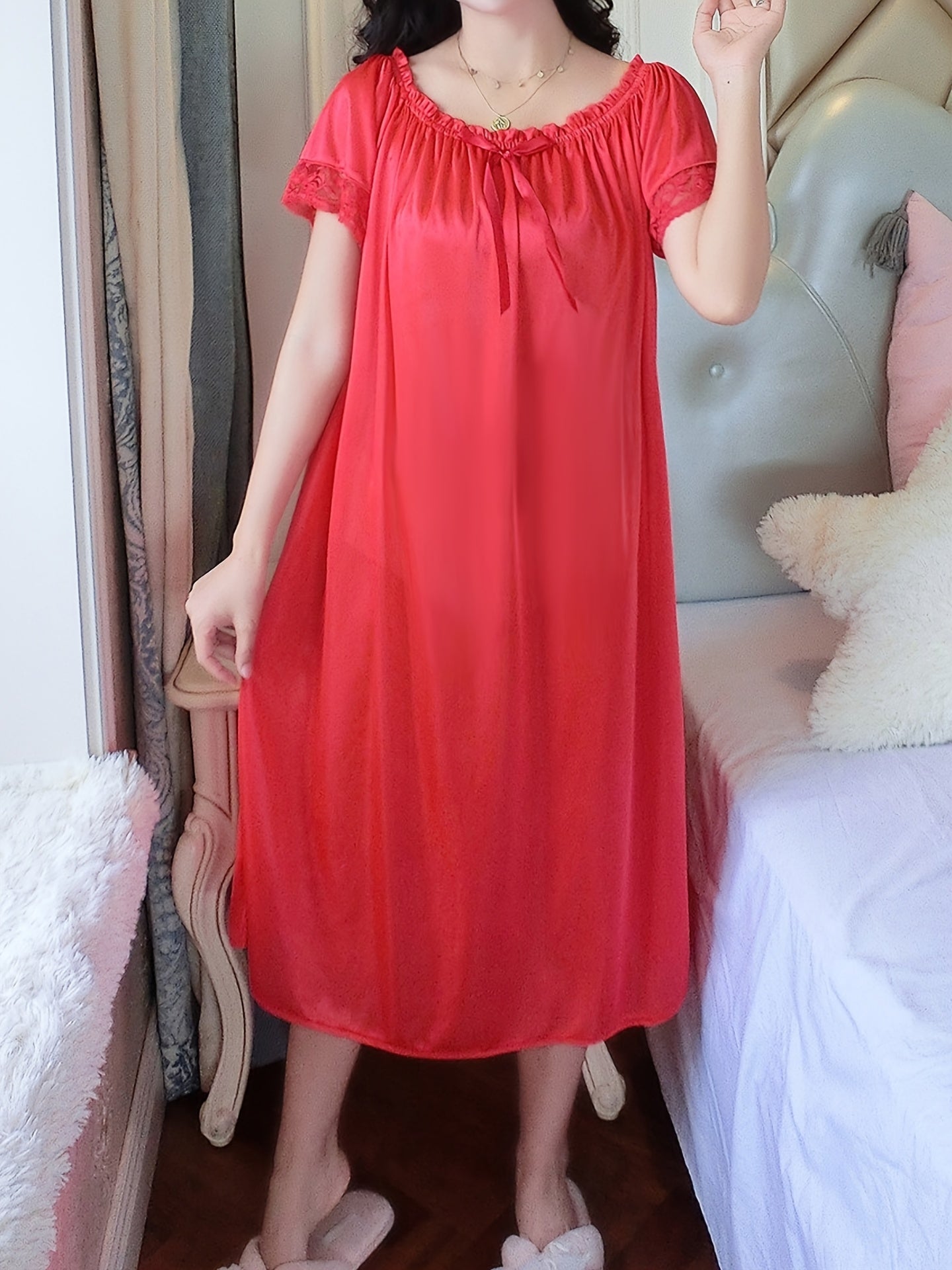 Elegant Off the Shoulder Short Sleeve Night Dress, Polyester Solid Color Slight Stretch Pullover for Adult Women, Spring/Summer Sleepwear