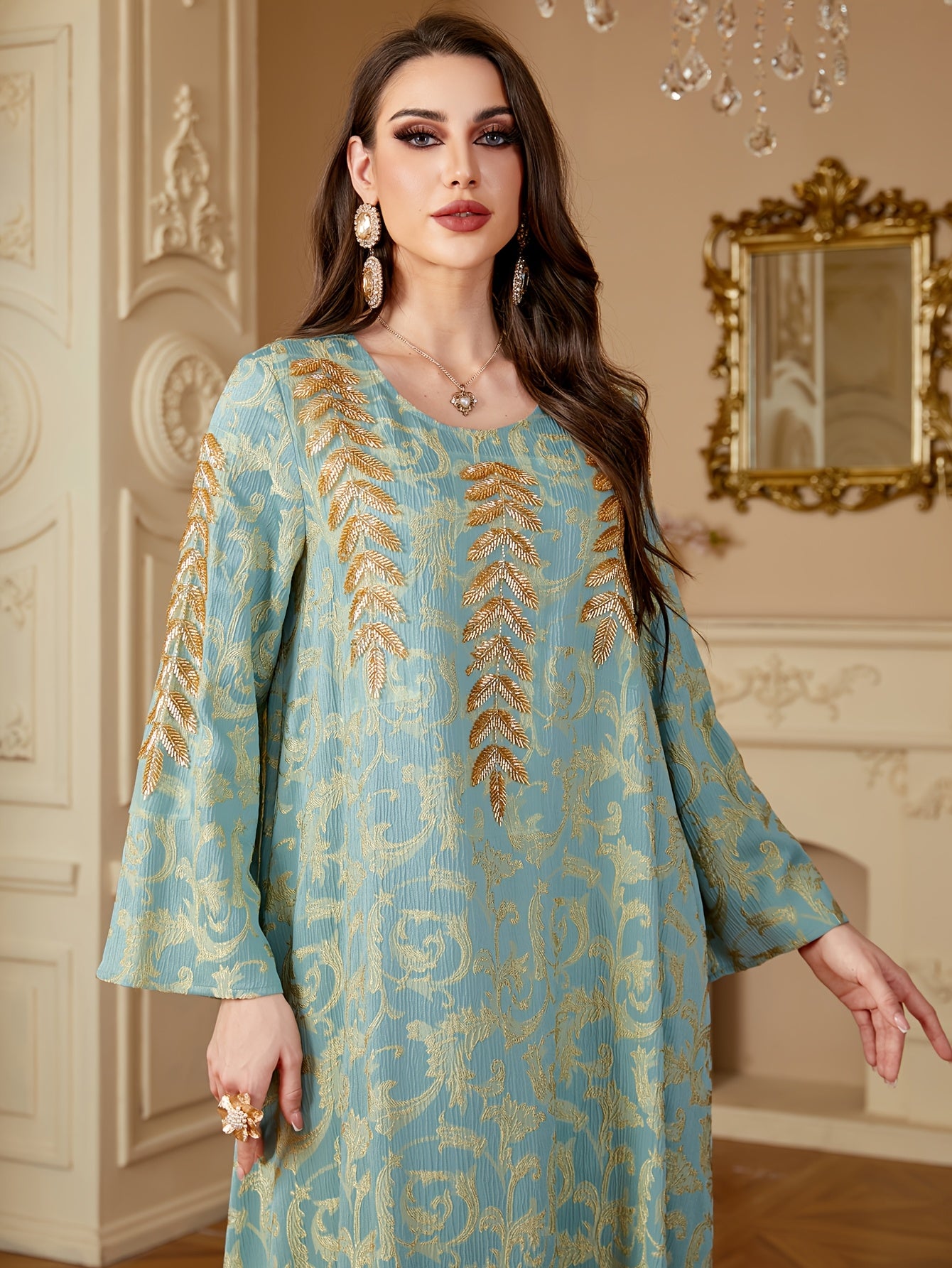 Women's Elegant Middle Eastern-Inspired A-Line Dress with Floral Appliqué