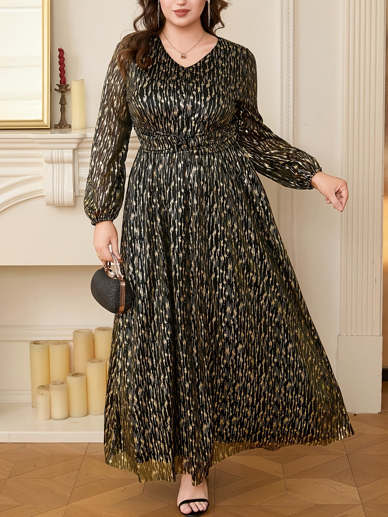 Plus Size Elegant Maxi Dress, Long Sleeve V-Neck