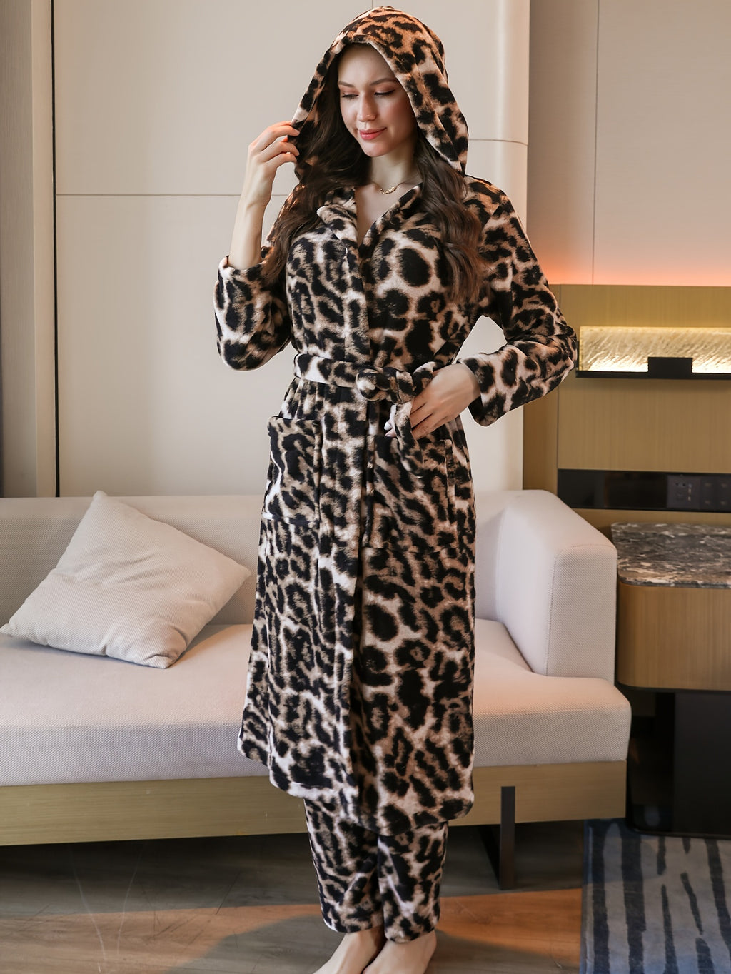 Women's Leopard Print Flannel Pajama Set with Hooded Robe and Long Sleeve Pants