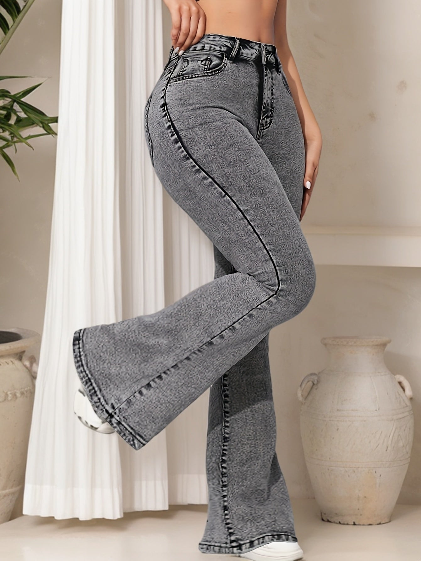 High-Waist Light Gray Flare Jeans for Women