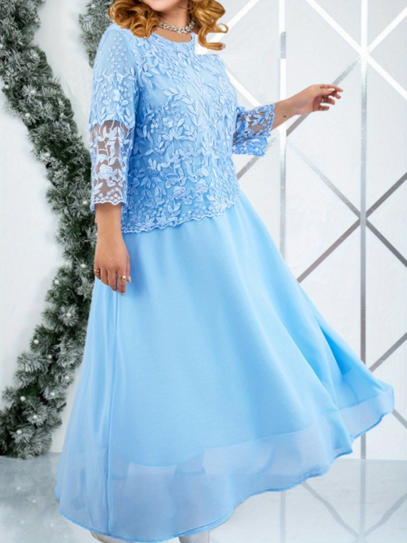 Plus Size Elegant Embroidered Lace Midi Dress for Women - Sleeveless, Chiffon Fabric, Crew Neck, Ball Gown Skirt, Summer Wedding Party