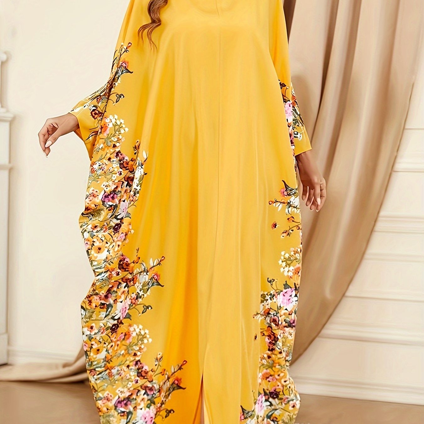Floral Print Polyester Women's Elegant Batwing Sleeve Kaftan Dress