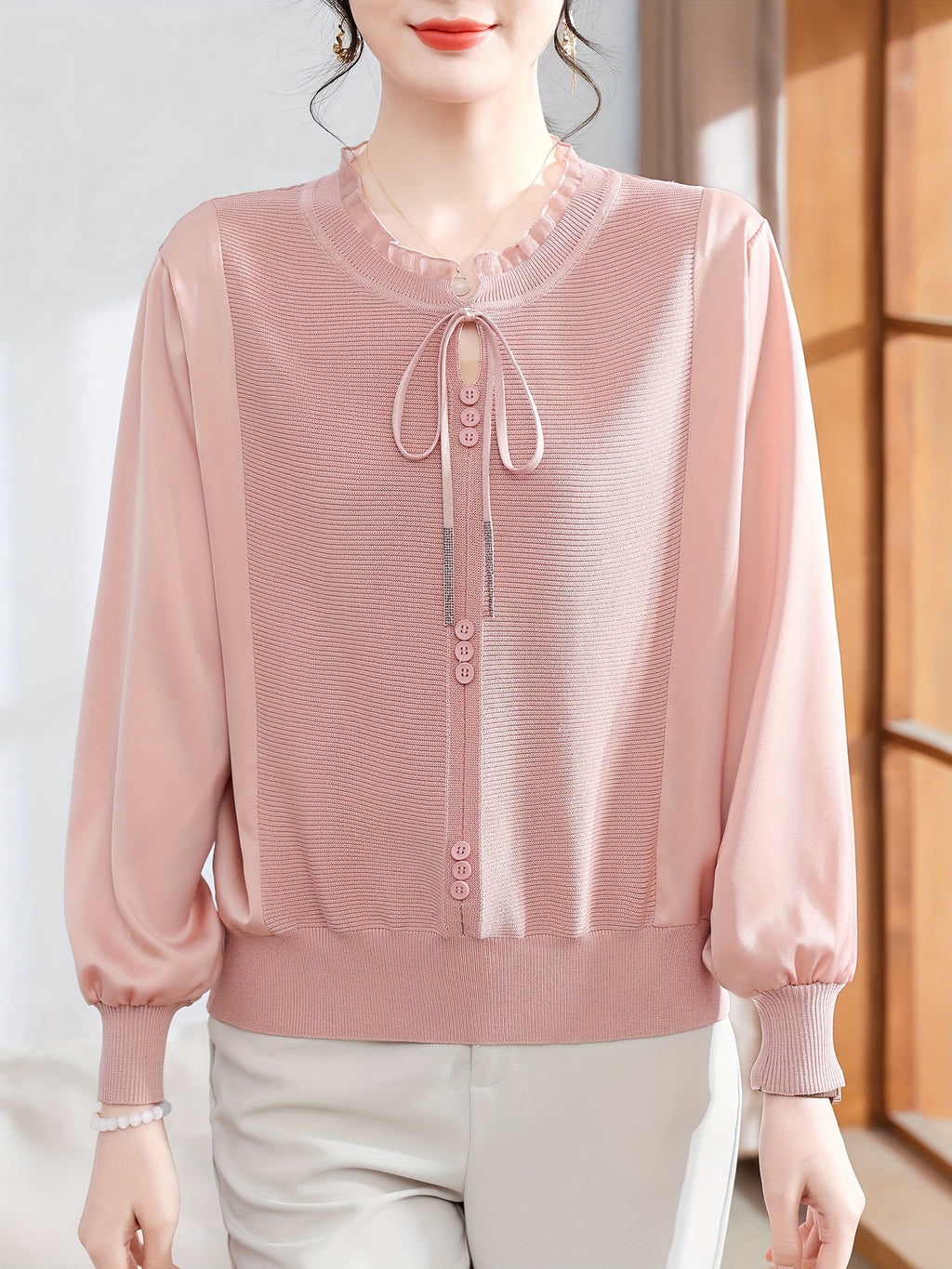 Women's Long-Sleeve Blouse - Age-Defying Tunic Top, Beige-Friendly & Breathable