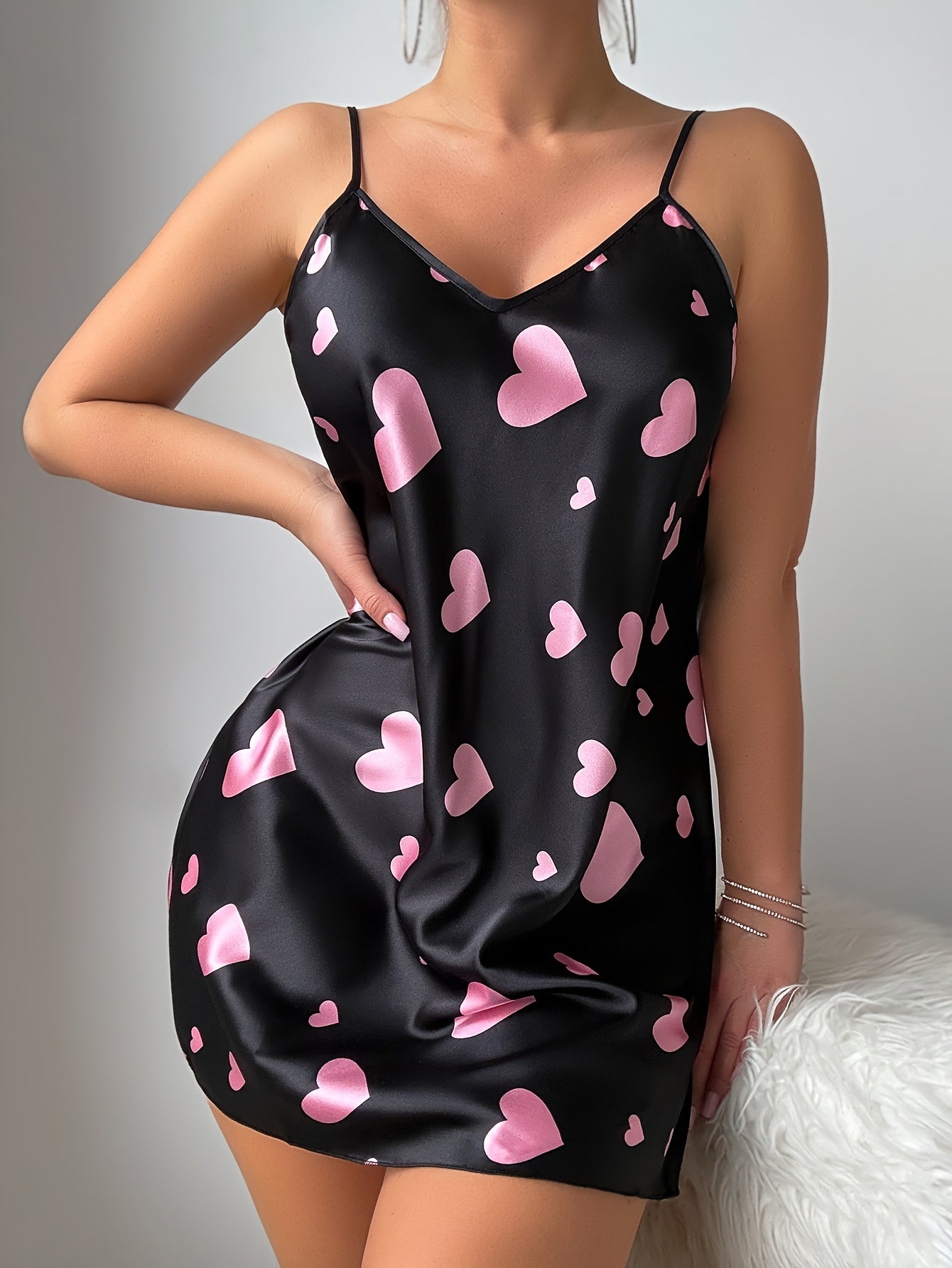 Women's Black & Pink Heart Print V-Neck Sleeveless Nightgown - Soft Stretchy Fabric, Machine Washable, All-Season Comfort for Lounge &