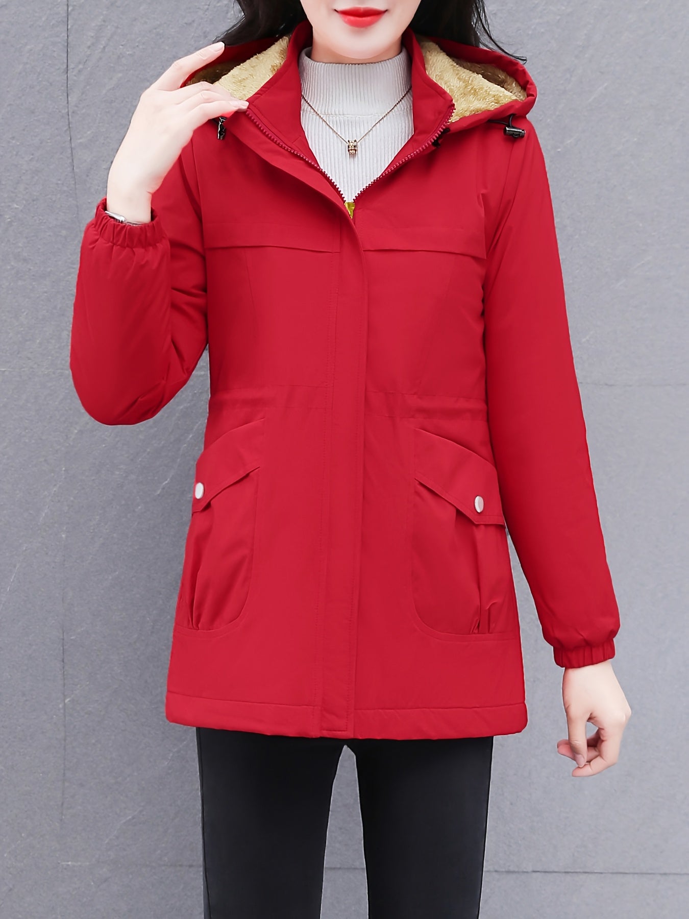Women's Thick Winter Jacket with Collar - Warm Mid-Length Zippered Coat