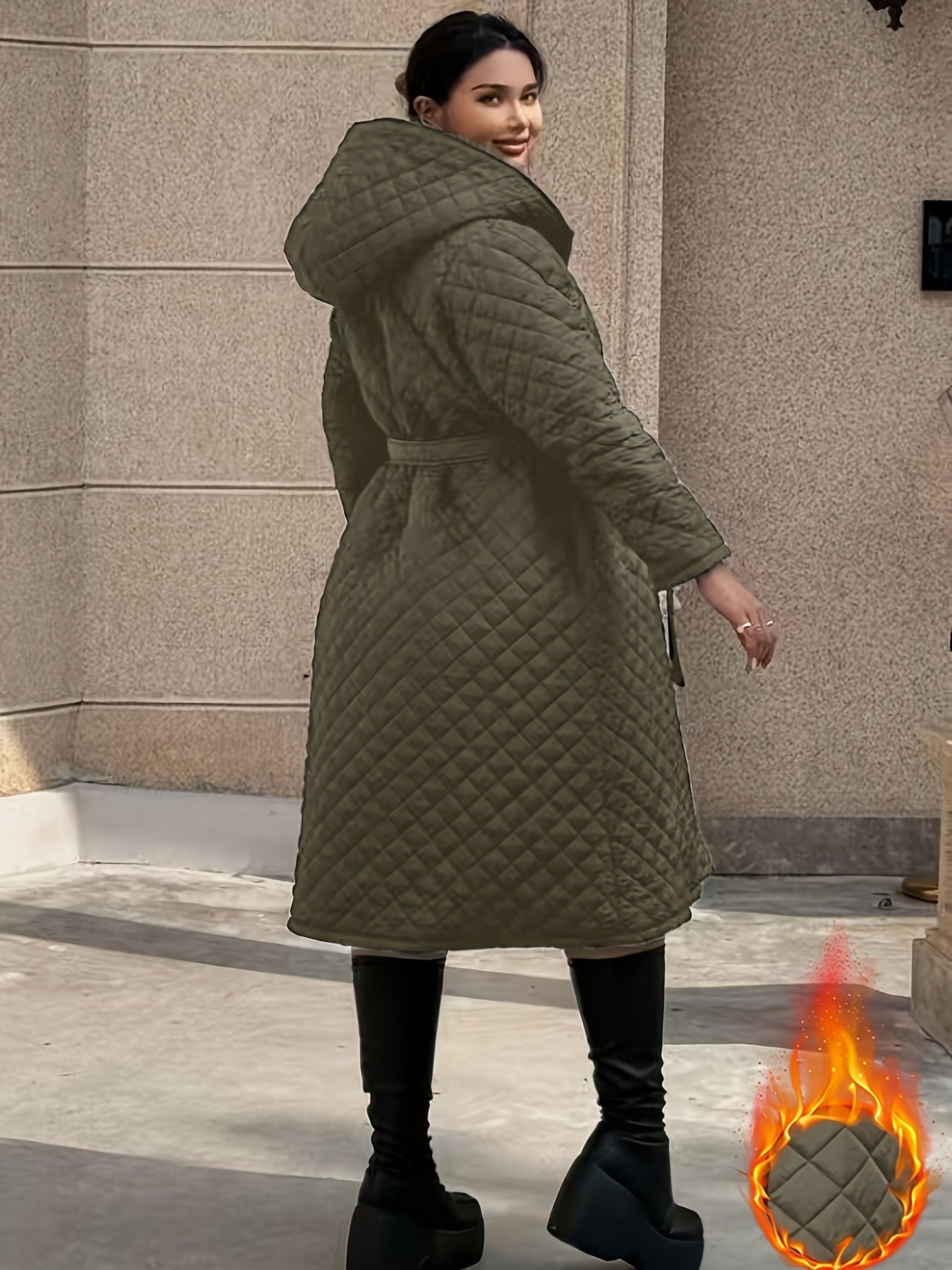 Elegant Fashion Quilted Over-the-Knee Dress with a Loose Hooded Design, Featuring a Belt for Women.