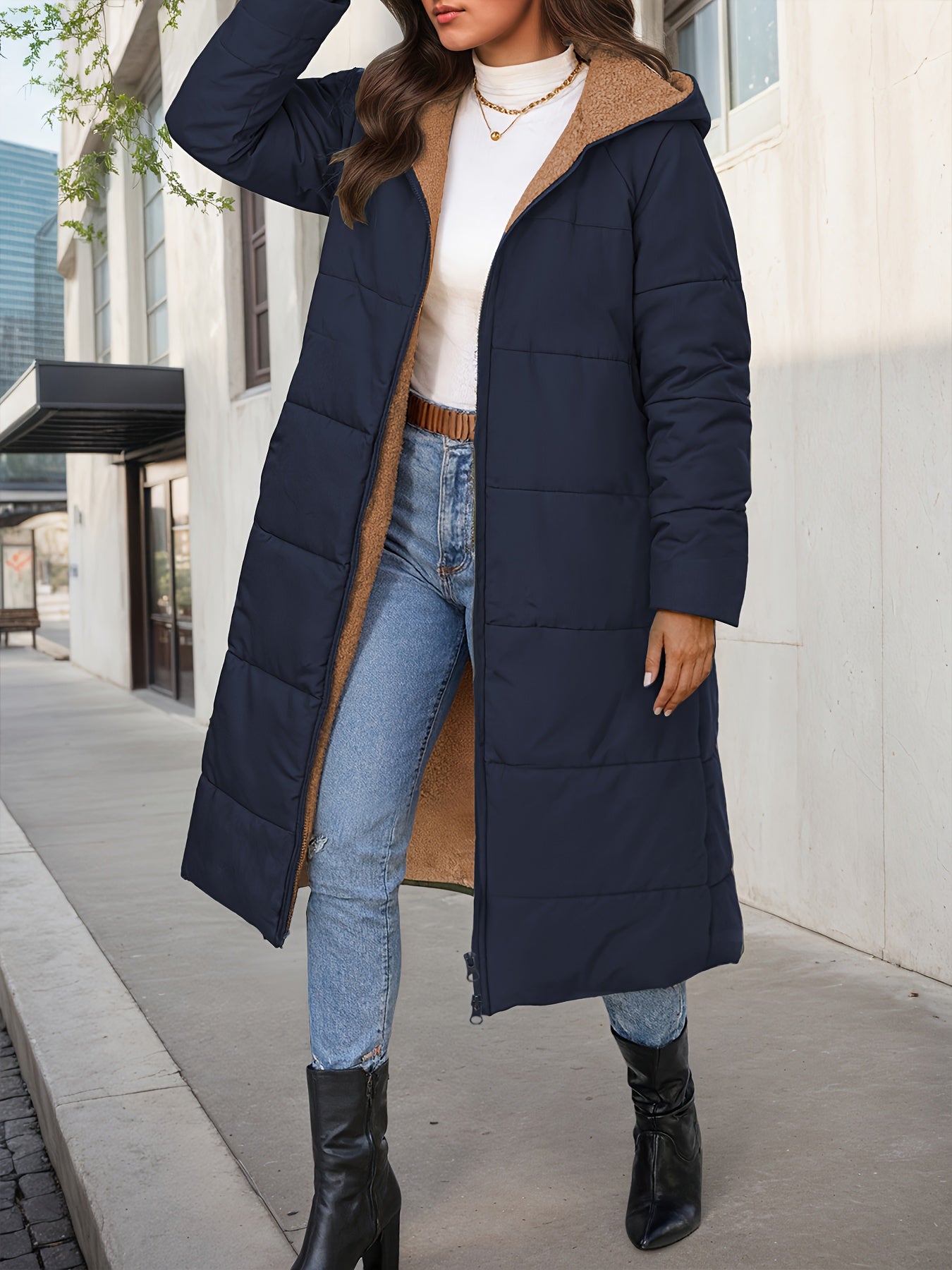 Women's Elegant Plush-Like Quilted Hooded Coat - Long Winter Jacket with Hood