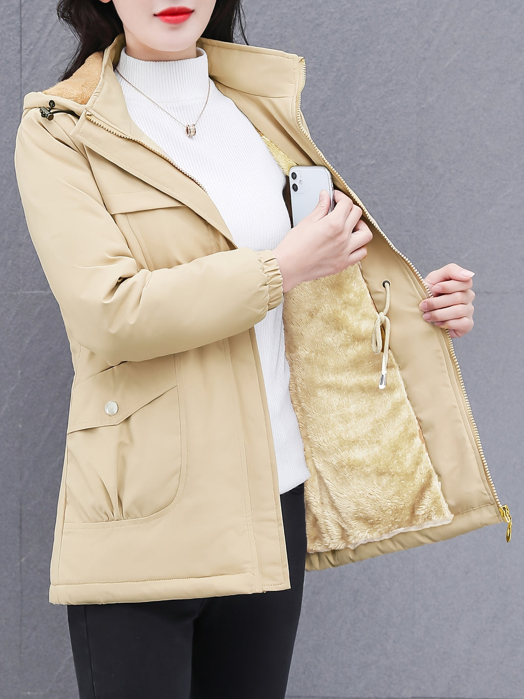 Women's Thick Winter Jacket with Collar - Warm Mid-Length Zippered Coat