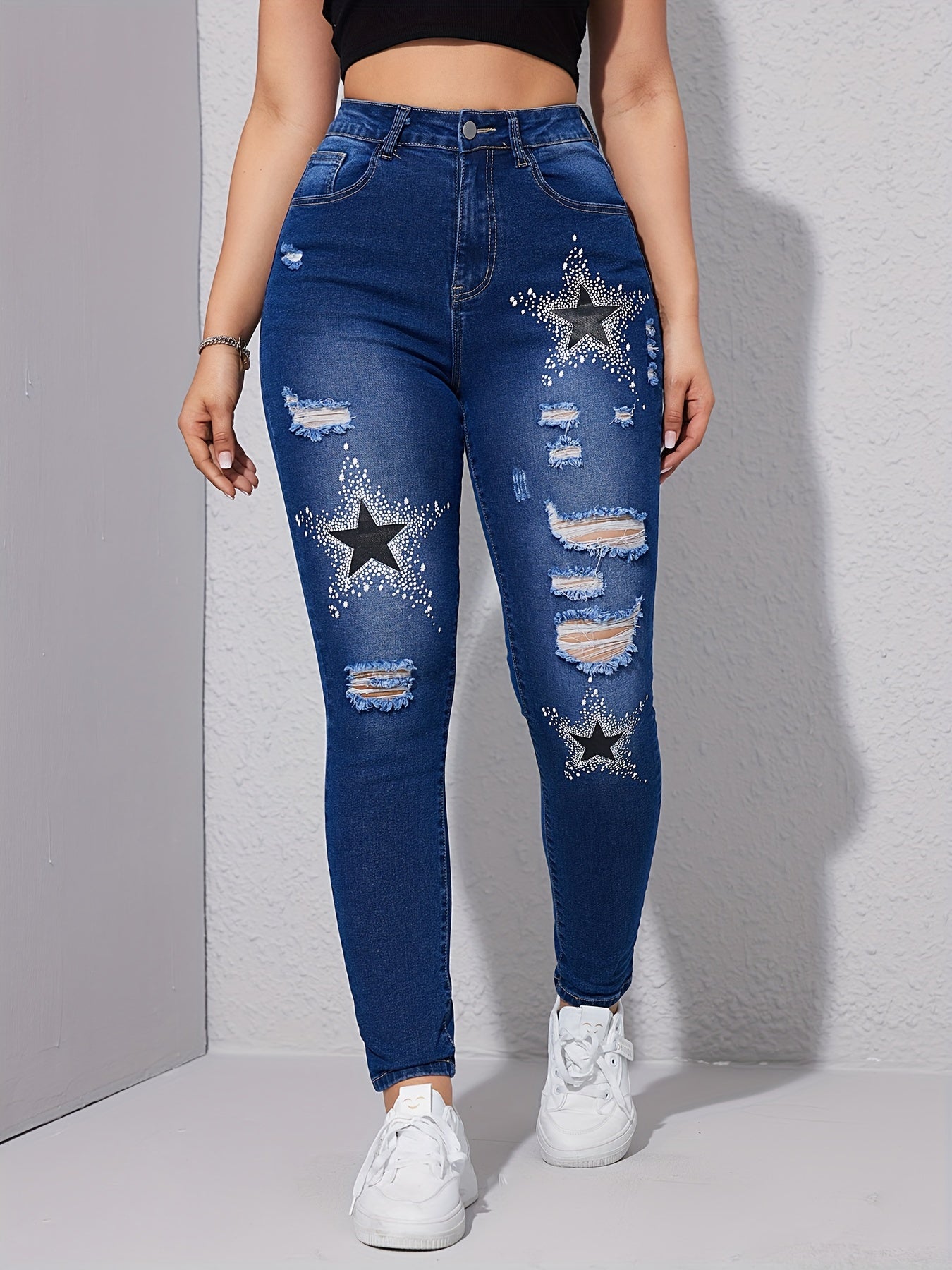 Star Pattern Ripped Holes Skinny Jeans for Women