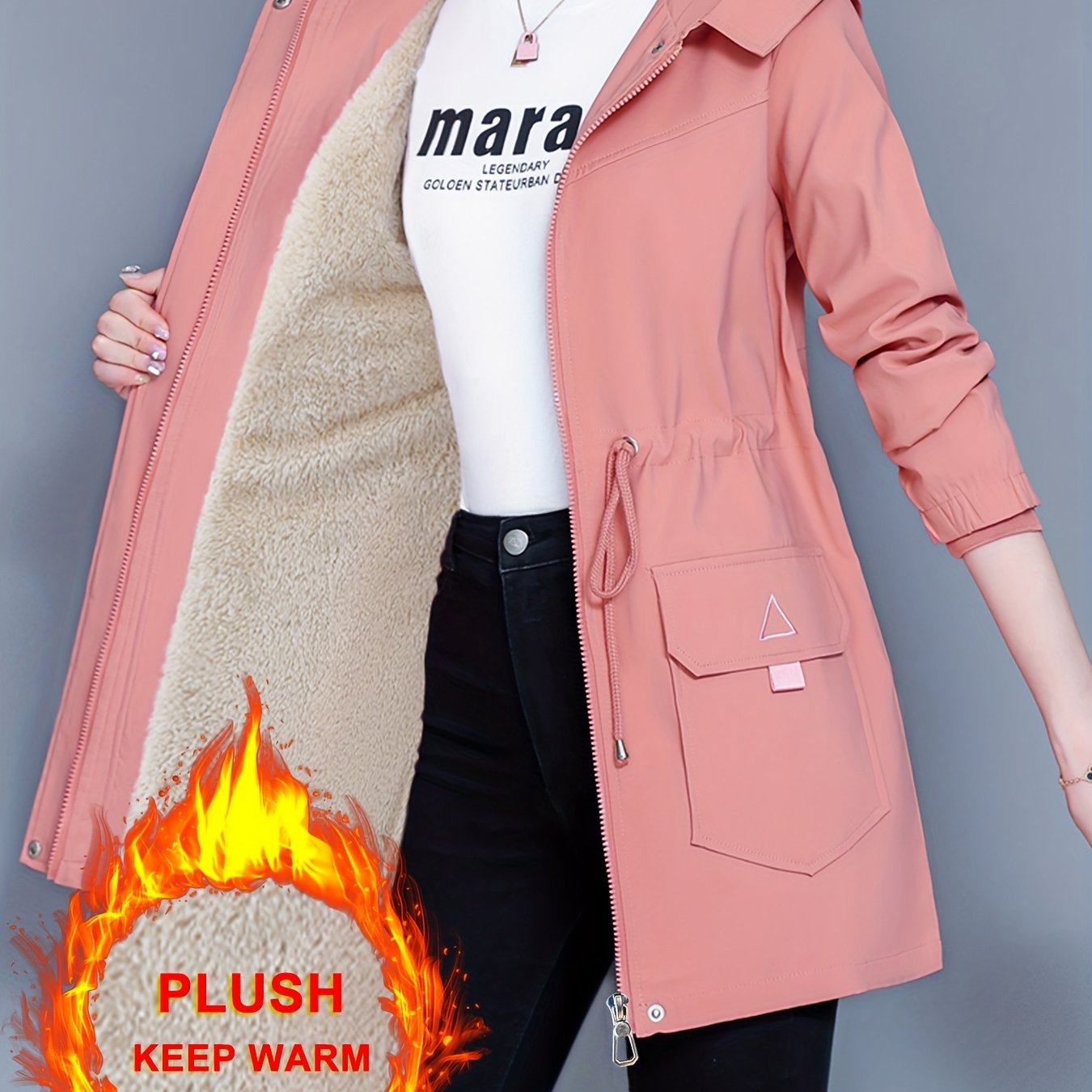 Kesixsty Women's Mid-Length Hooded Windbreaker Jacket with Plush Lining