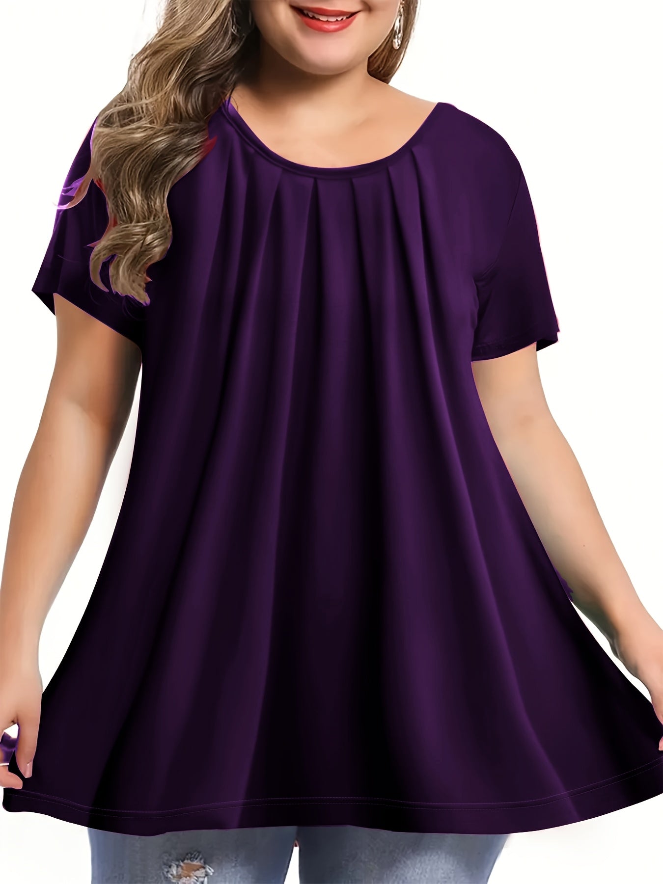 Polyester Elegant Crew Neck Ruched Bust Slight Stretch Knit Fabric Pullovers