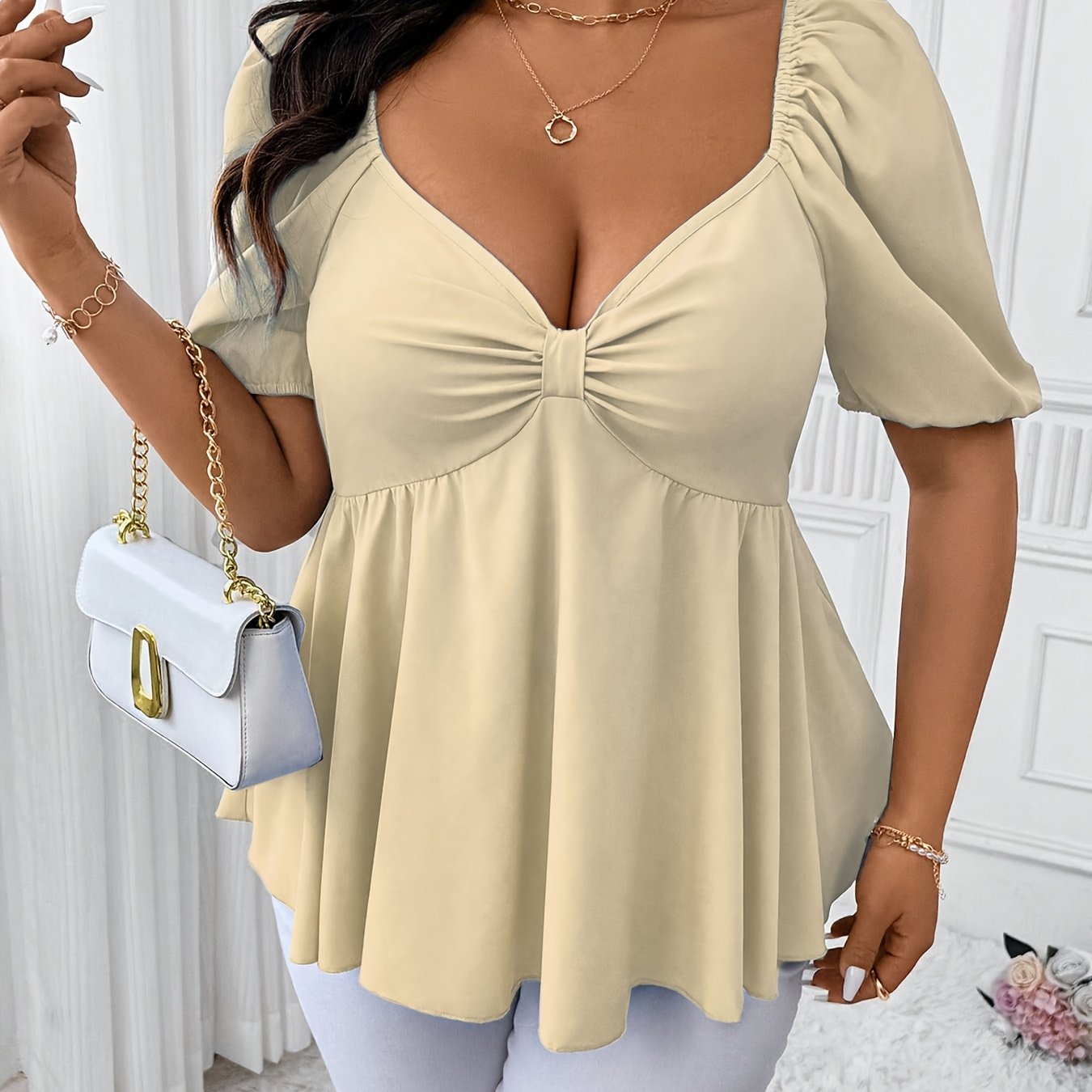 Elegant Plus Size Women's Deep V-Neck Blouse - Short Sleeve