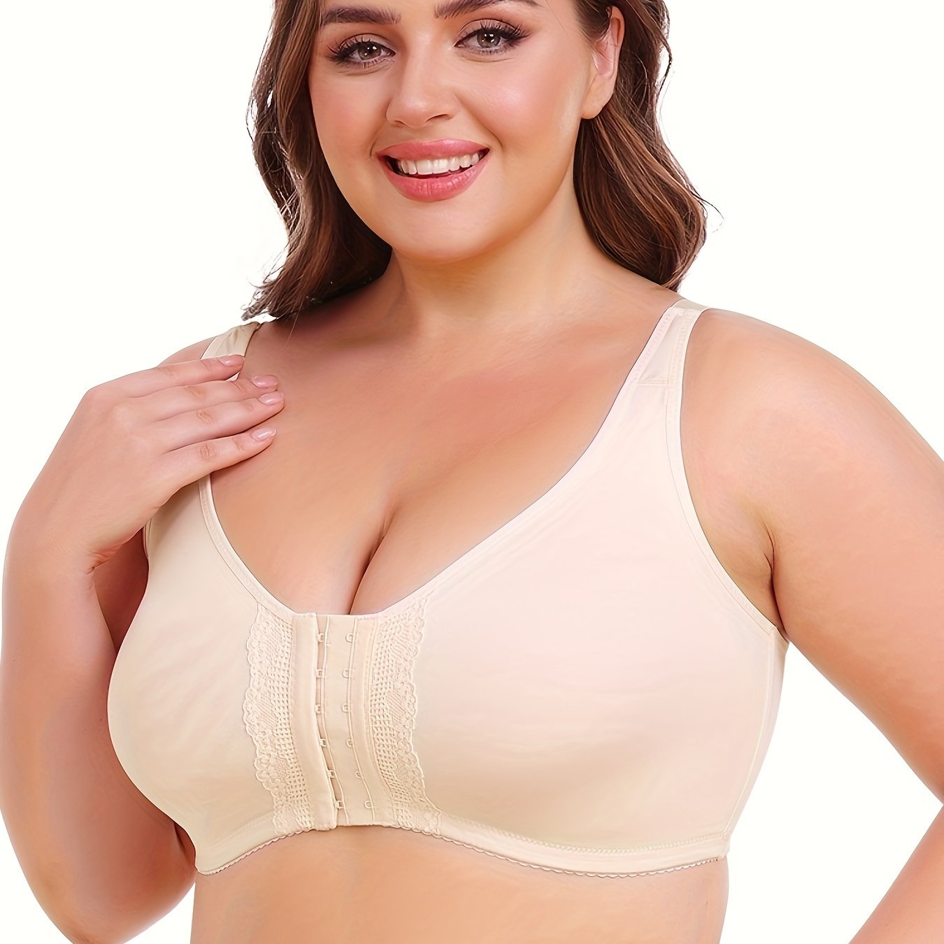 Plus Size Women's Front-Opening Sports Bra, V-Neck, Stretchy Polyester, Solid Color with Lace Detail, No Padding, Low Support, Knit Fabric, for