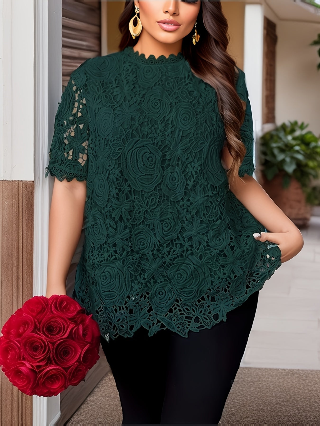 Floral Plus Size Women's Blouse, Crew Neck, Short Sleeve