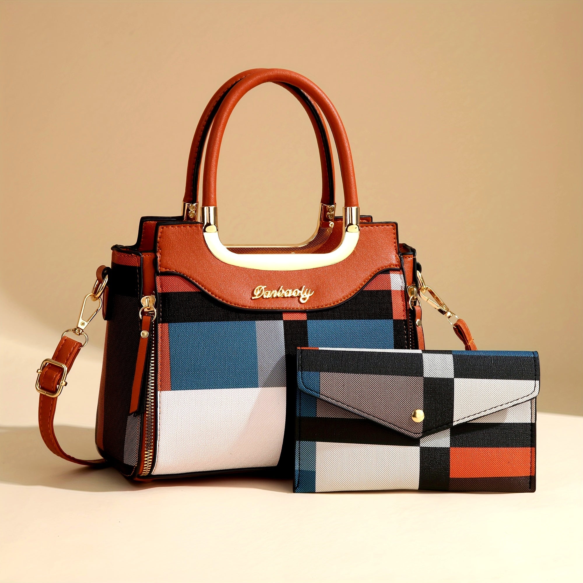 Elegant Plaid Tote and Crossbody Bag Set