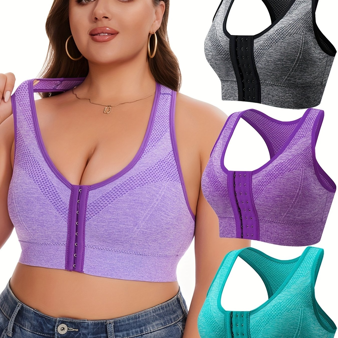3pcs Front Closure Wire-Free Sports Bras - Breathable High-Elasticity Yoga Bras with Removable Pads, Plus Size V-Neck Design in
