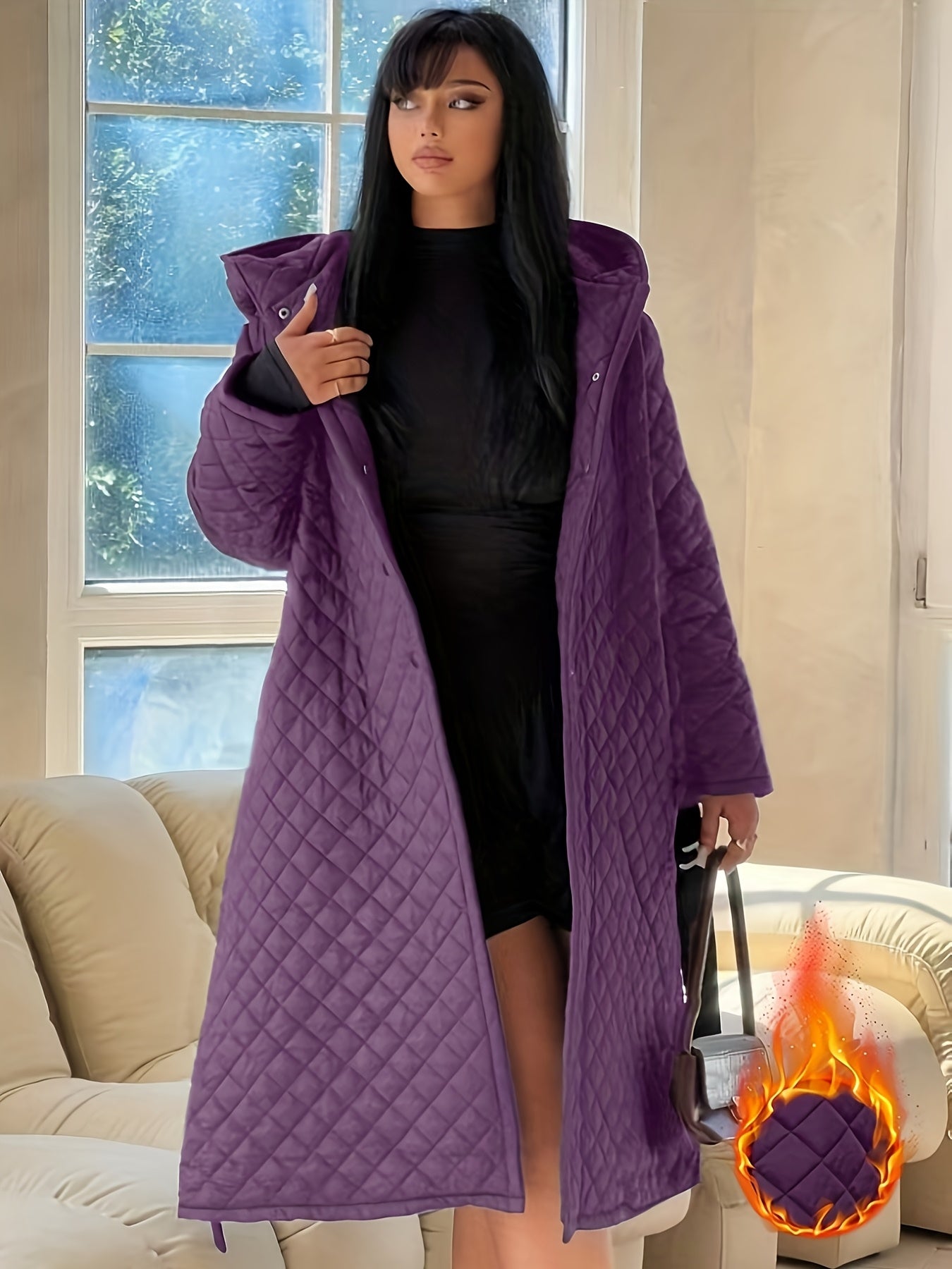 Elegant Fashion Quilted Over-the-Knee Dress with a Loose Hooded Design, Featuring a Belt for Women.