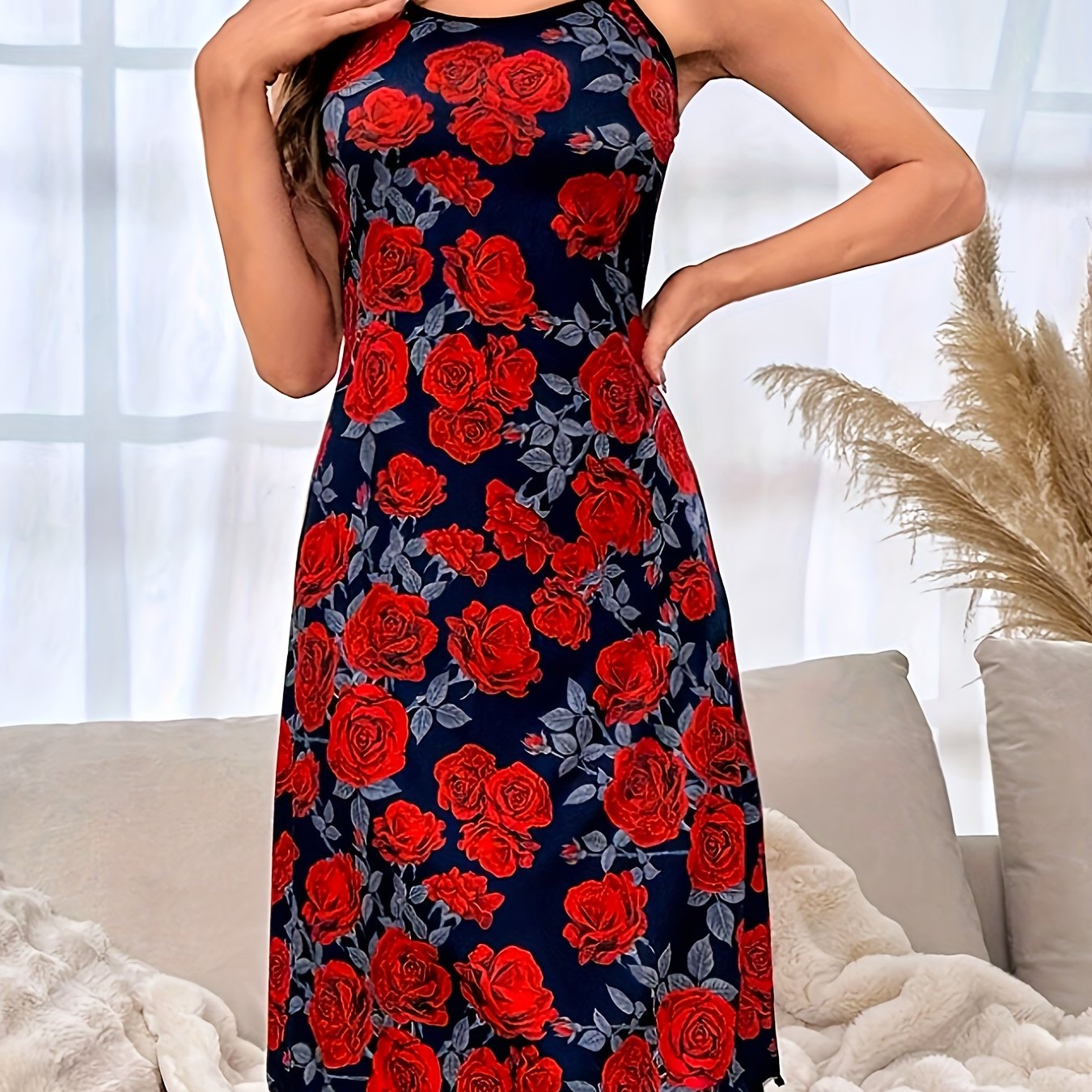 Women's Frill Trim Lounge Dress, Rose Print
