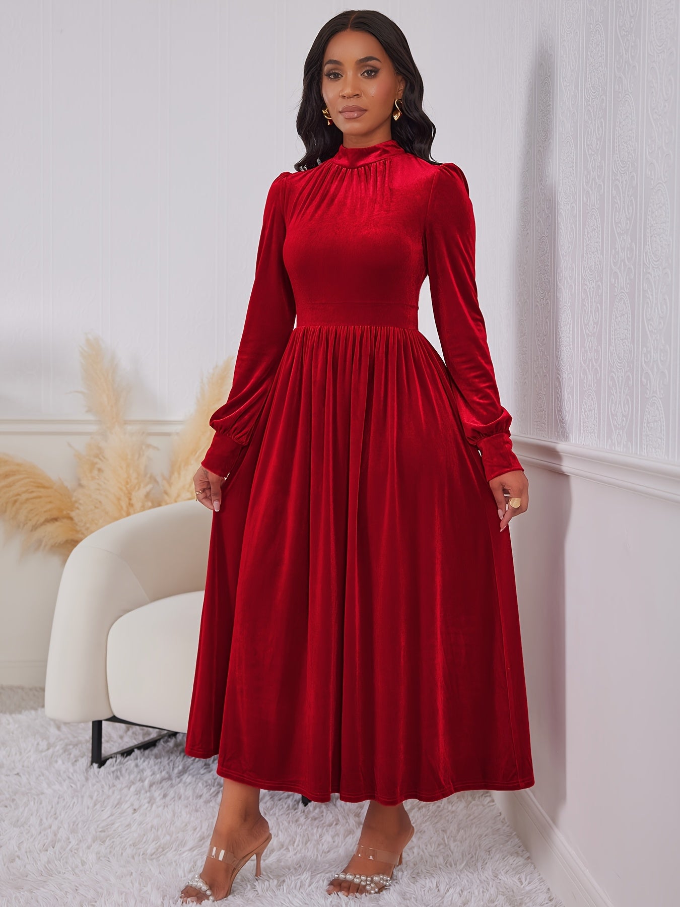 Elegant Velvet Long Dress High Neck, Lantern Sleeve, Red, Vintage Style for Parties and Christmas