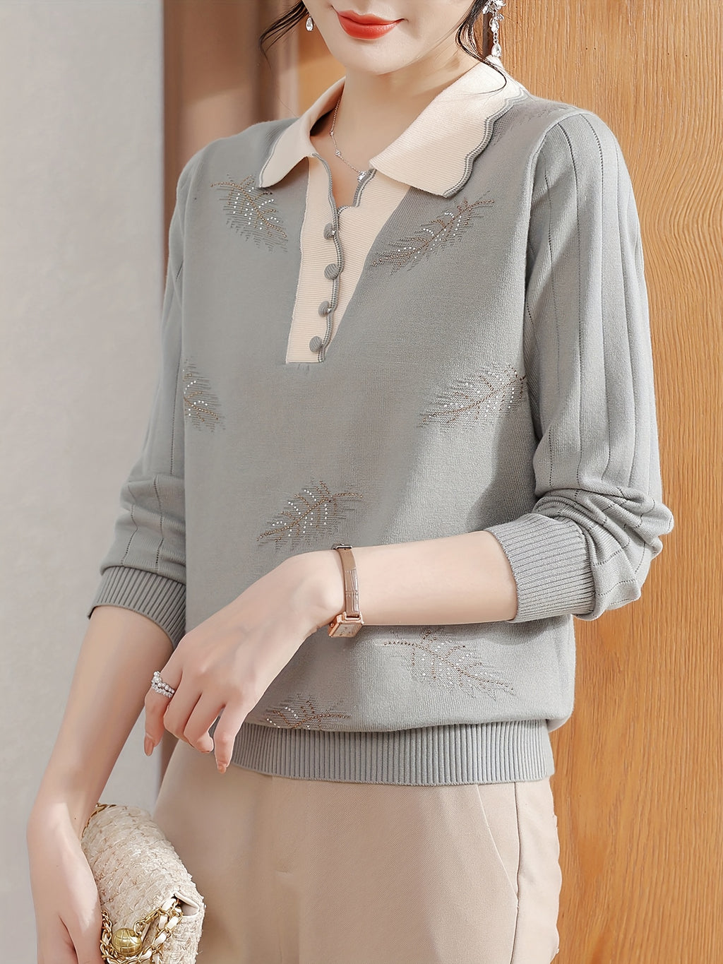 Women'S Elegant V-Neck Sweater - Lightweight Breathable Long Sleeve Blouse with Classic Collar