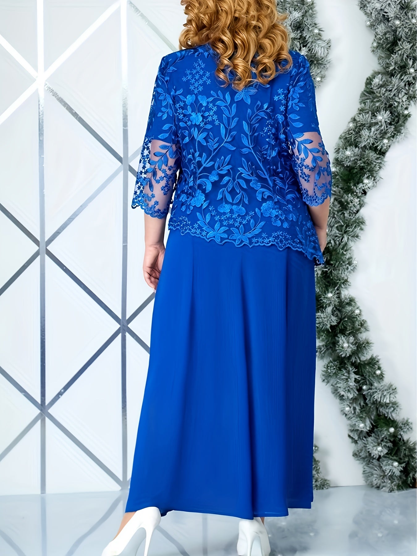 Plus Size Elegant Embroidered Lace Midi Dress for Women - Sleeveless, Chiffon Fabric, Crew Neck, Ball Gown Skirt, Summer Wedding Party