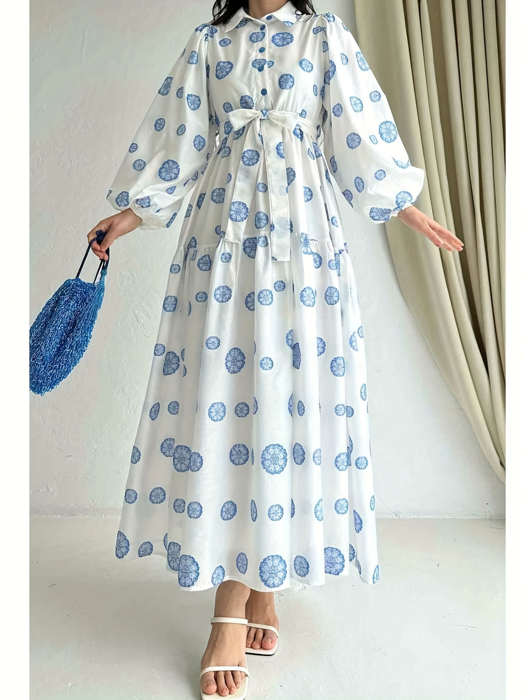 Women's Elegant Red Rose Print Long Sleeve Dress
