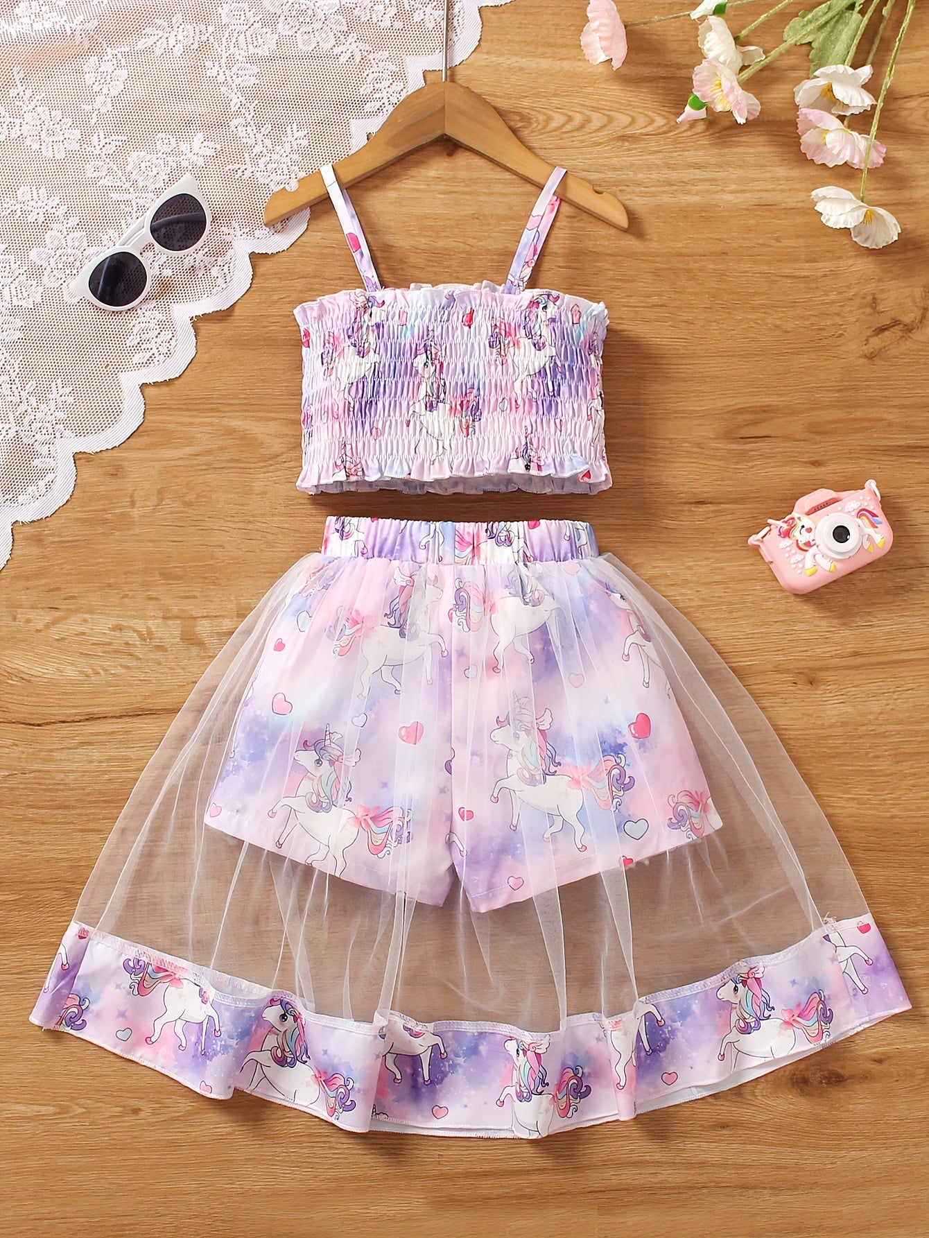 Girls' Two-Piece Set with Spaghetti Strap Butterfly Print Top