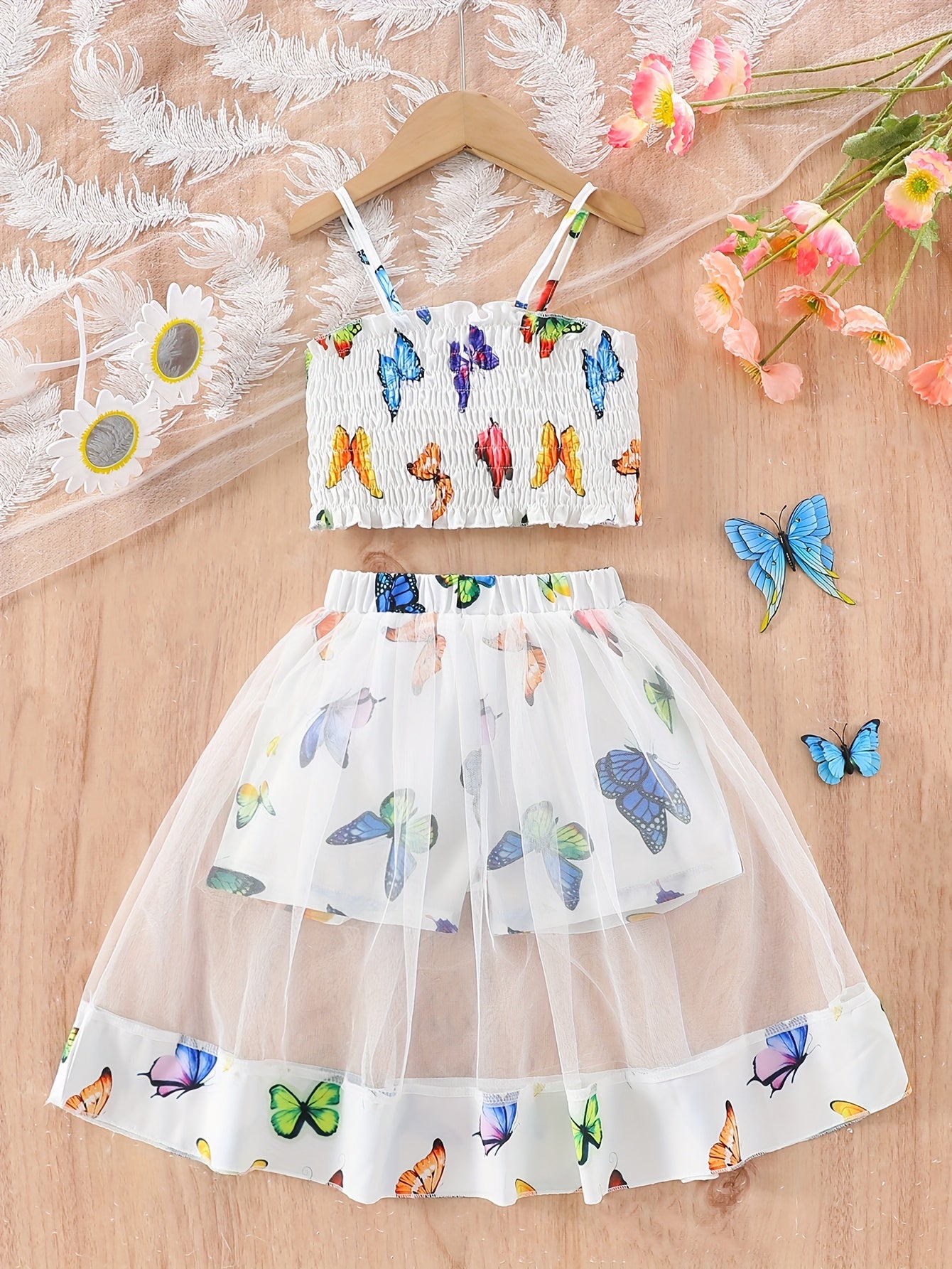 Girls' Two-Piece Set with Spaghetti Strap Butterfly Print Top