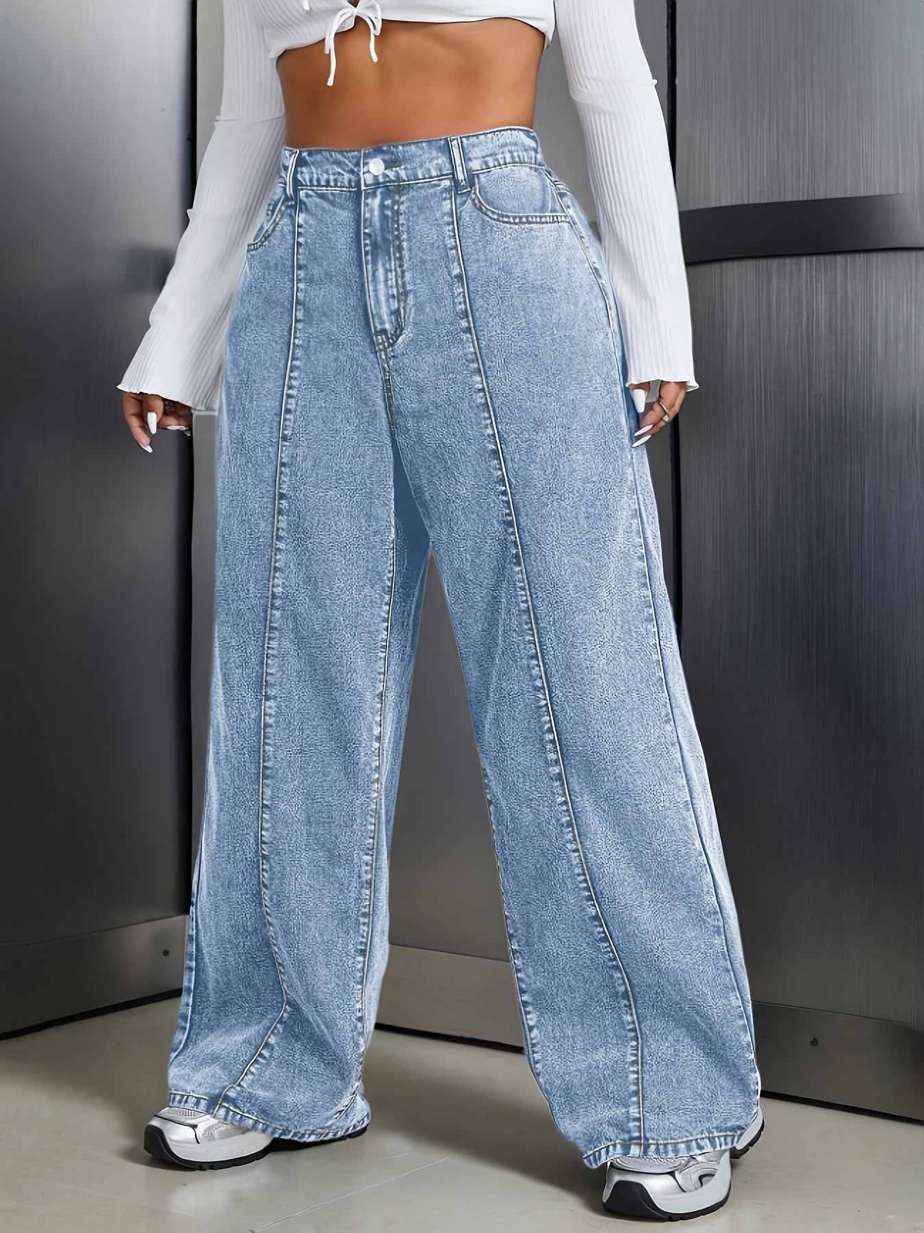 Women's Plus Size Wide-Leg Jeans - Non-Stretchy Vintage Washed Blue Jeans