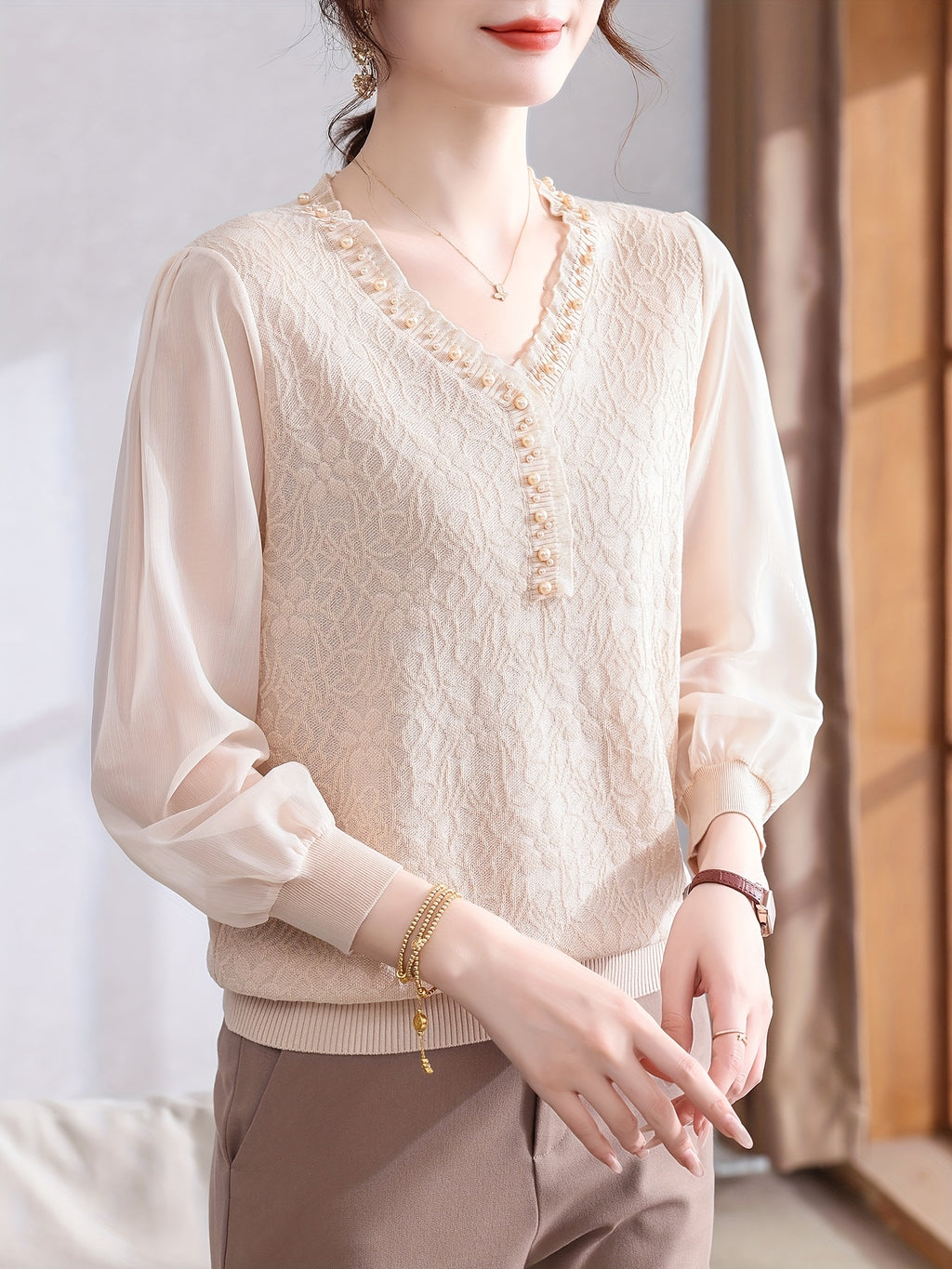 Women's Lightweight V-Neck Blouse with Beaded Detail