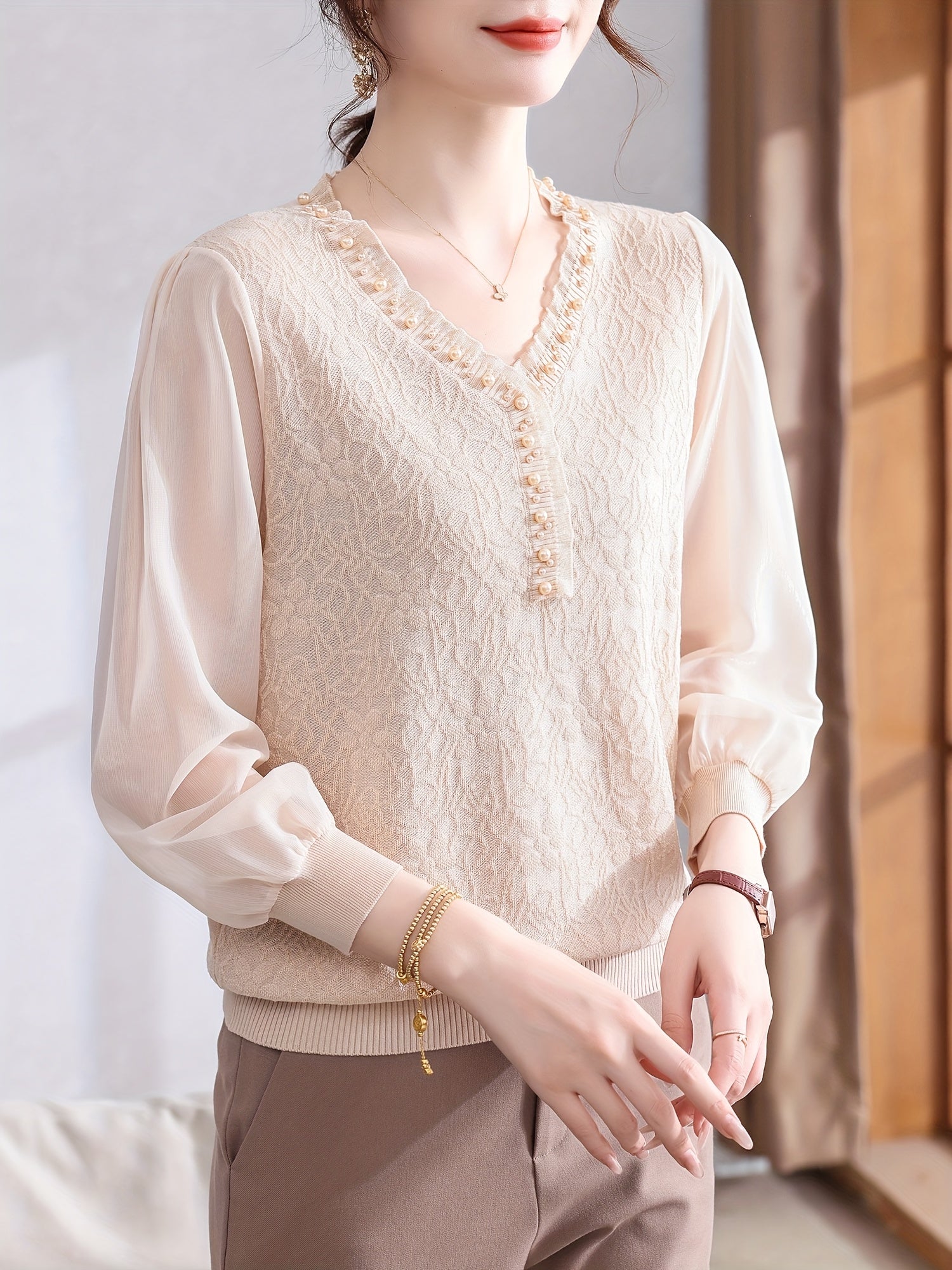 Women's Lightweight V-Neck Blouse with Beaded Detail