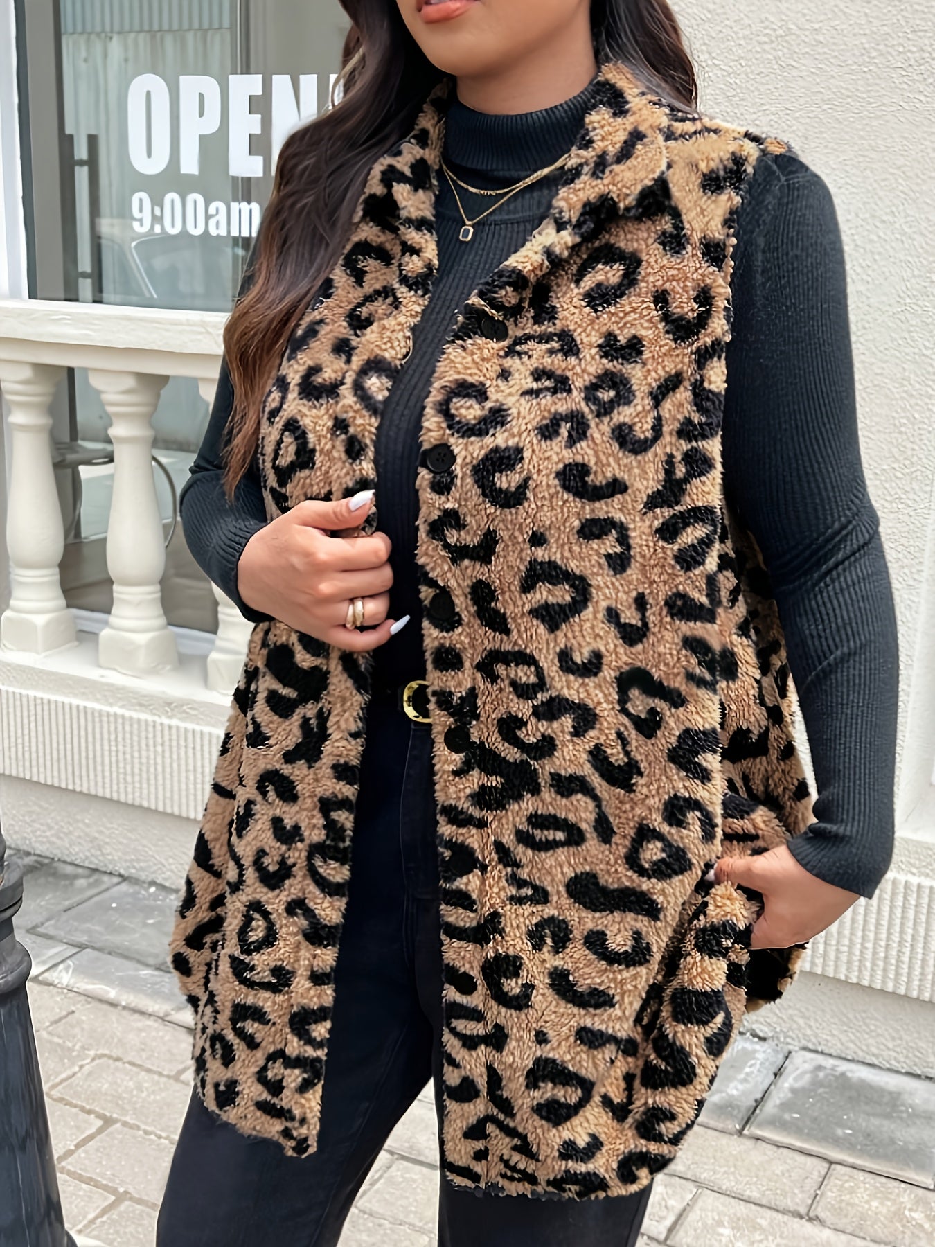 Plus-Size Sleeveless Casual Jacket in Leopard Print for Women