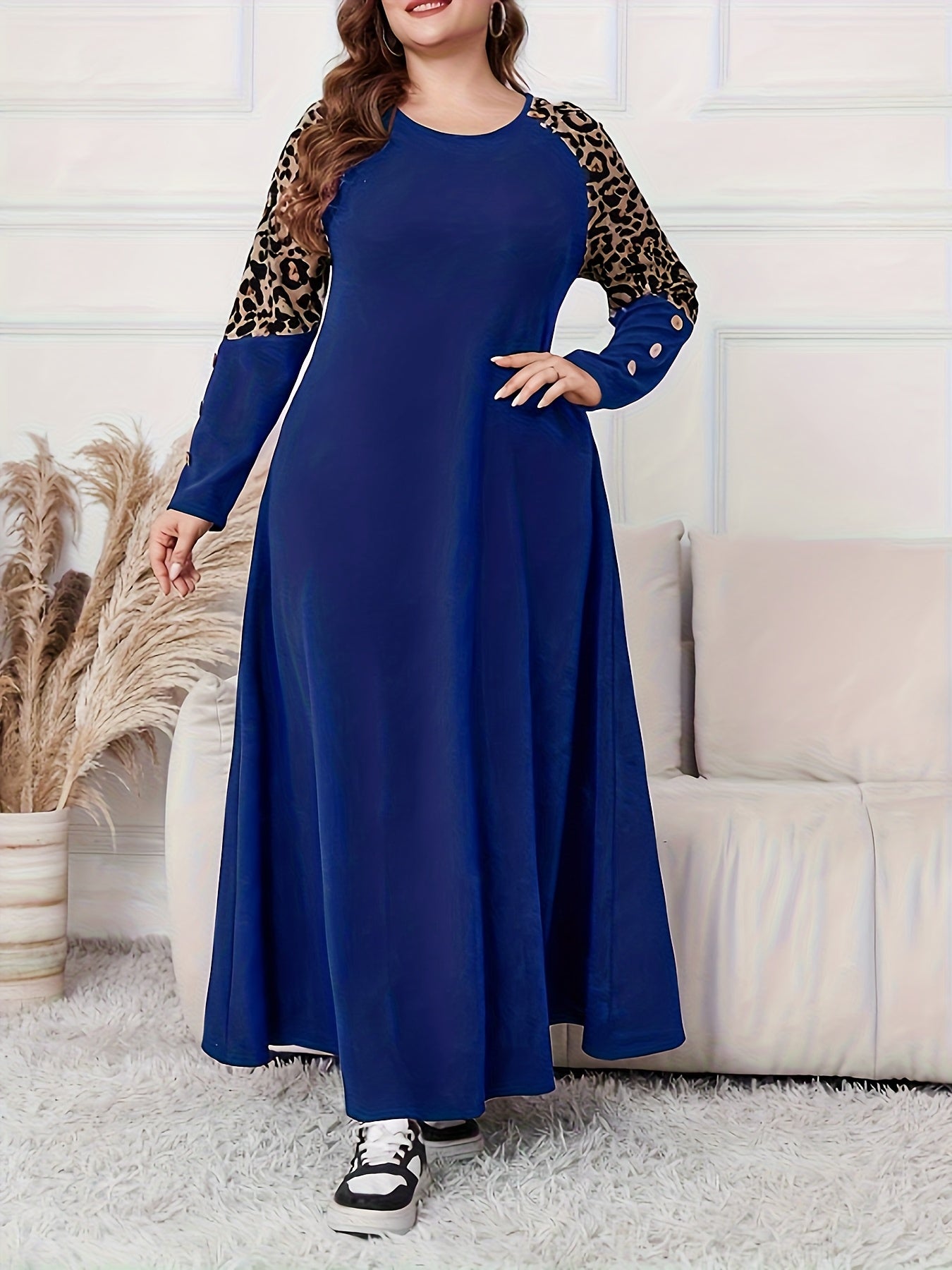 Women's Plus Size Elegant Leopard Print A-Line Maxi Dress with Swing Waist