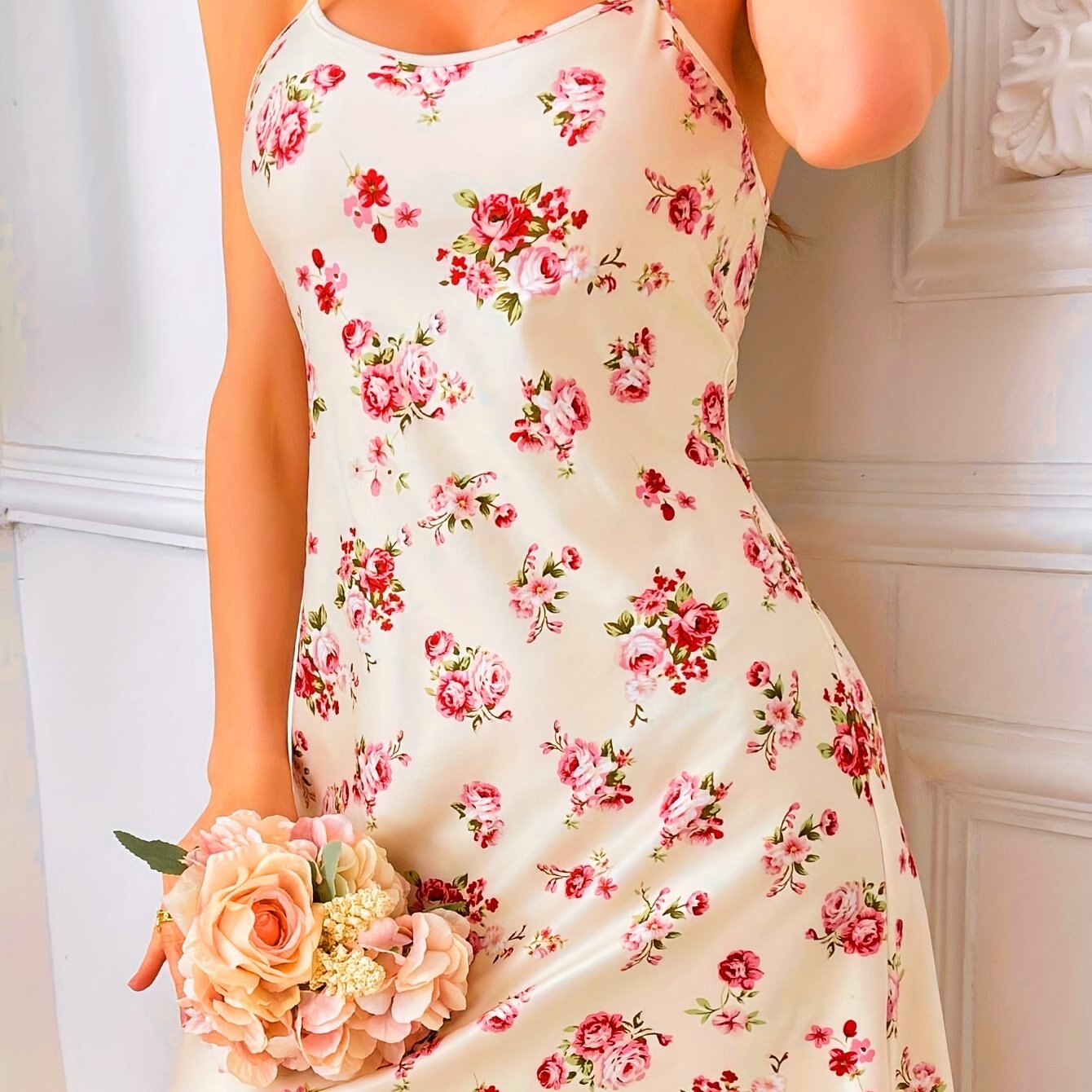 Women's Floral Print Sexy Spaghetti Strap Sleep Dress - Soft Stretchy, Machine Washable, All-Season Comfort for Home Lounge & Casual Wear,