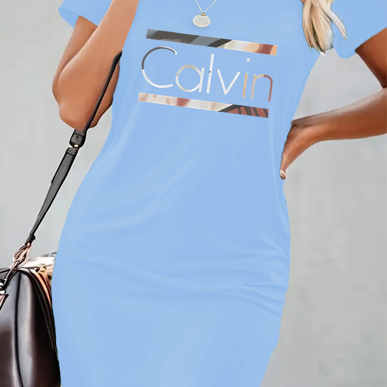 Calvin Art Print Bodycon Dress - Stylish Black, Slim-Fit, Stretchy Polyester Blend, Round Neck, Knee-Length, Perfect for Spring/Summer, Spring