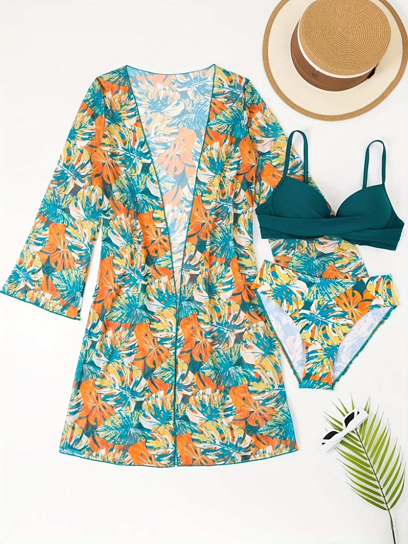 3pcs Tropical Print Swimsuit Set for Women