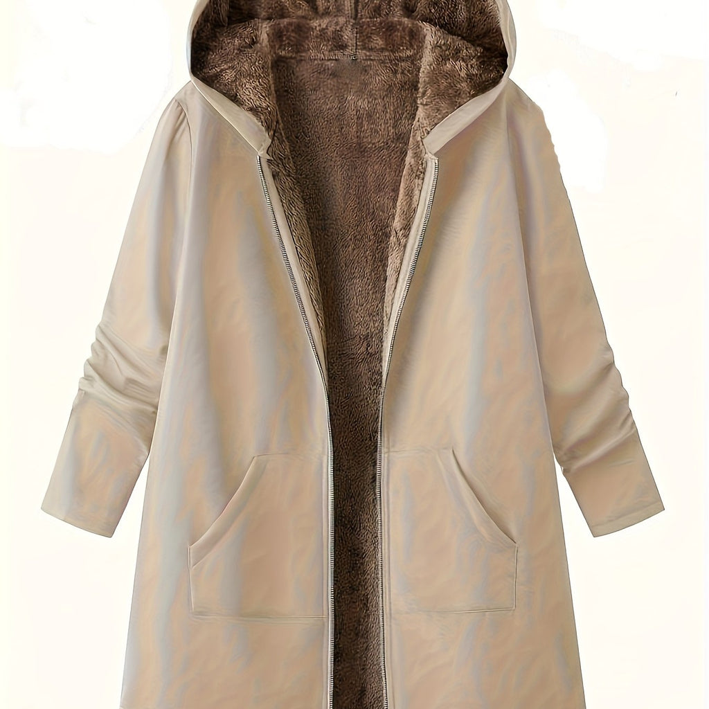 Elegant Winter Hooded Jacket with Pockets - Warm H-Line Coat Suitable for Fall/Winter, Machine Washable Outerwear