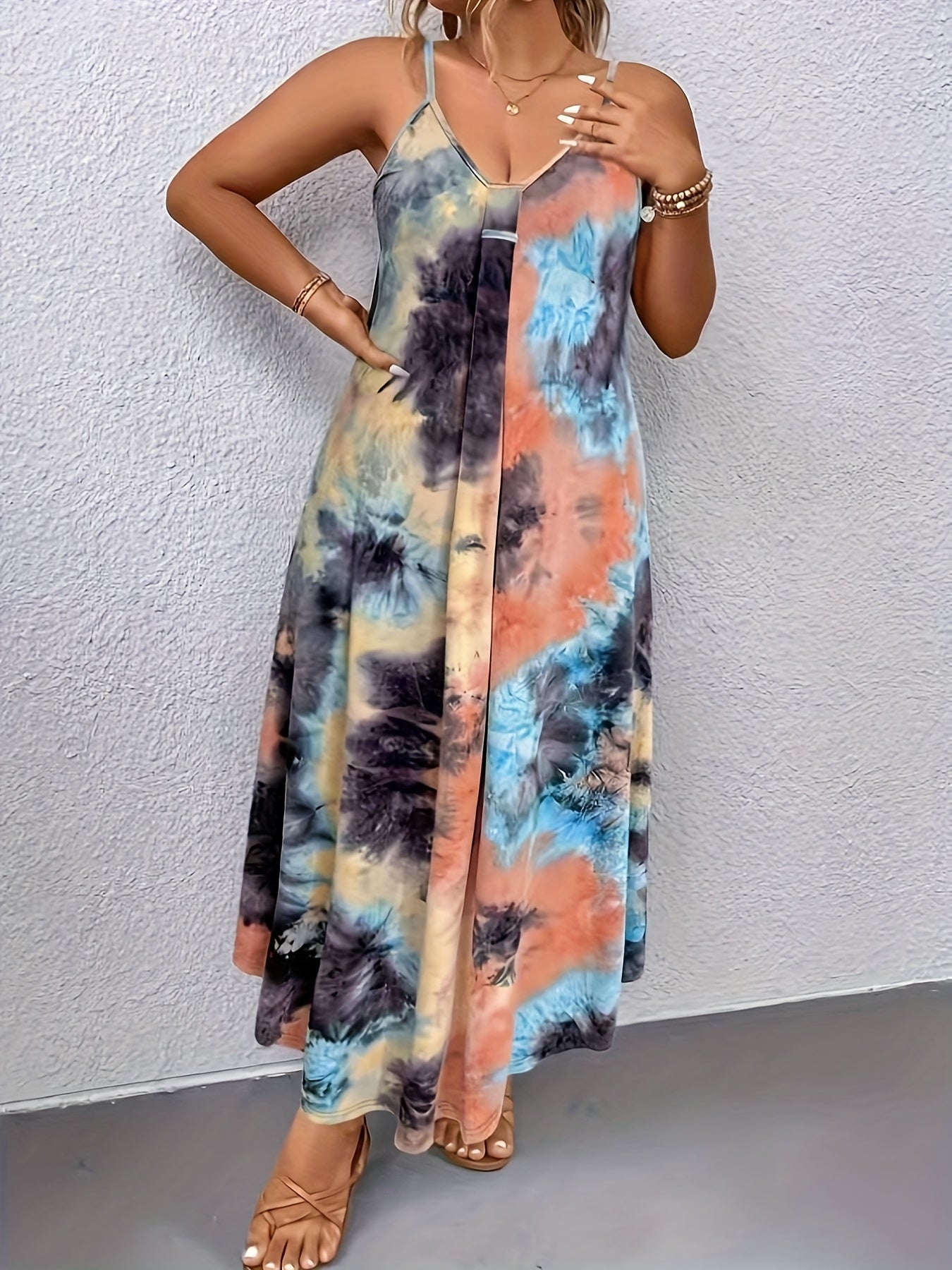 European and American trendy plus-size Women's tie-dye dress with halter neck