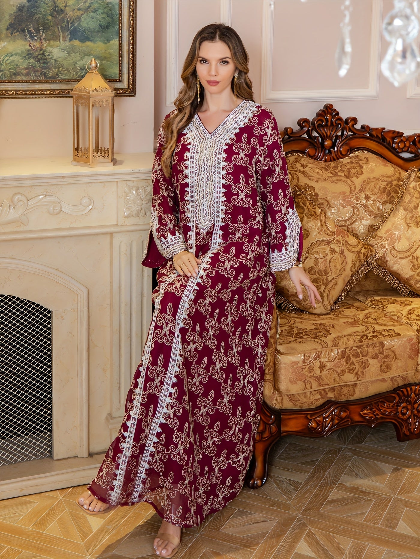 Middle Eastern Embroidered Abaya Long Robe, Light Luxury Evening Gown Two-Piece Dress for Women